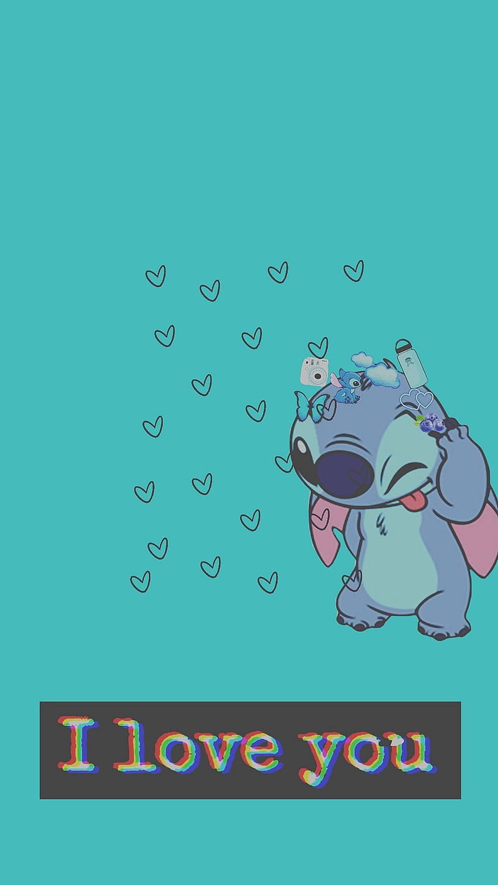 Stitch, hearts, rainbow text box, 2K Phone Wallpaper