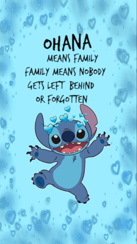 Happy Stitch Ohana Quote, blue alien character, floating hearts, SD Phone Wallpaper