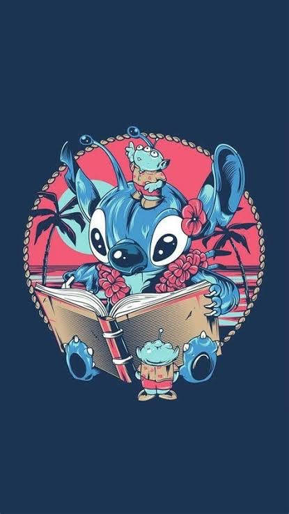 Stitch, blue alien character, pink hibiscus flowers, SD Phone Wallpaper