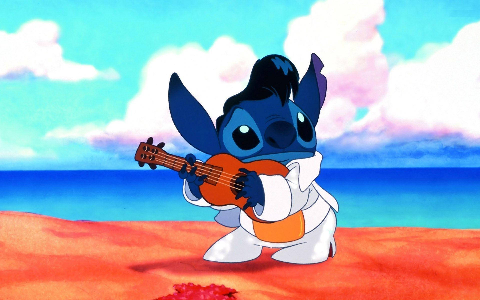 Stitch, ukulele, orange beach, Full HD Desktop Wallpaper