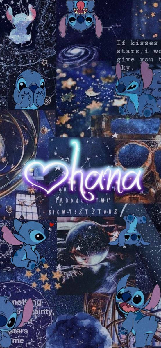 Stitch Ohana, blue aesthetic, starry cosmic background, SD Phone Wallpaper