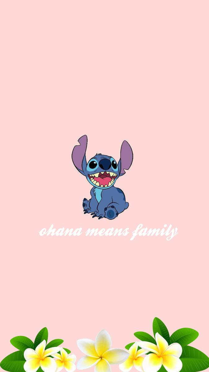 Stitch Ohana, pink floral aesthetic, blue alien character, SD Phone Wallpaper