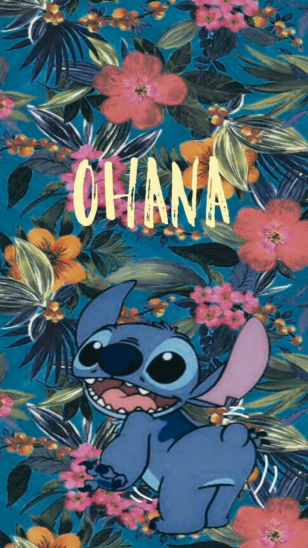 Stitch Ohana, tropical floral pattern, pink, Full HD Phone Wallpaper