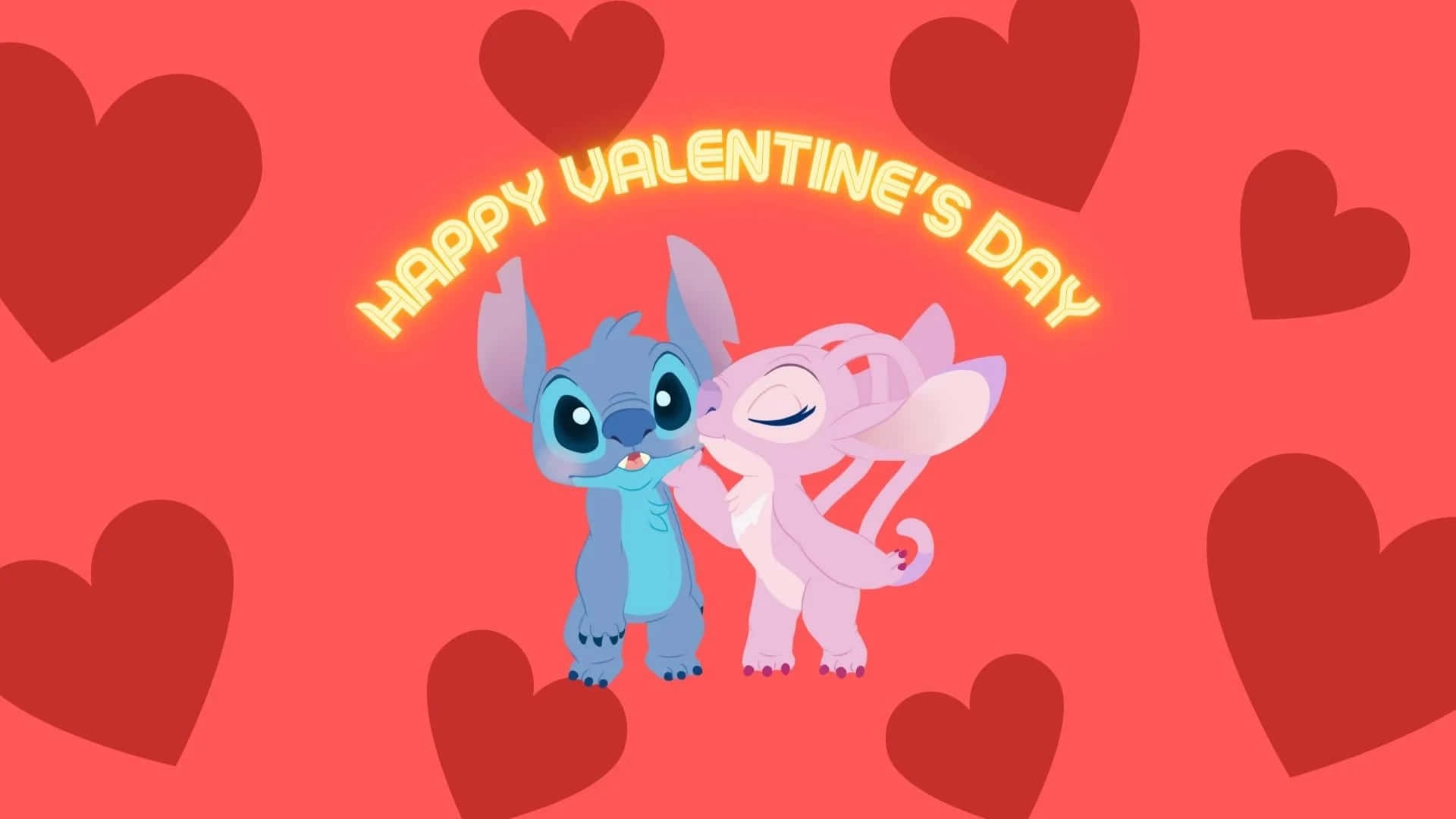 Stitch, pink dragon, floating hearts, Full HD Desktop Wallpaper