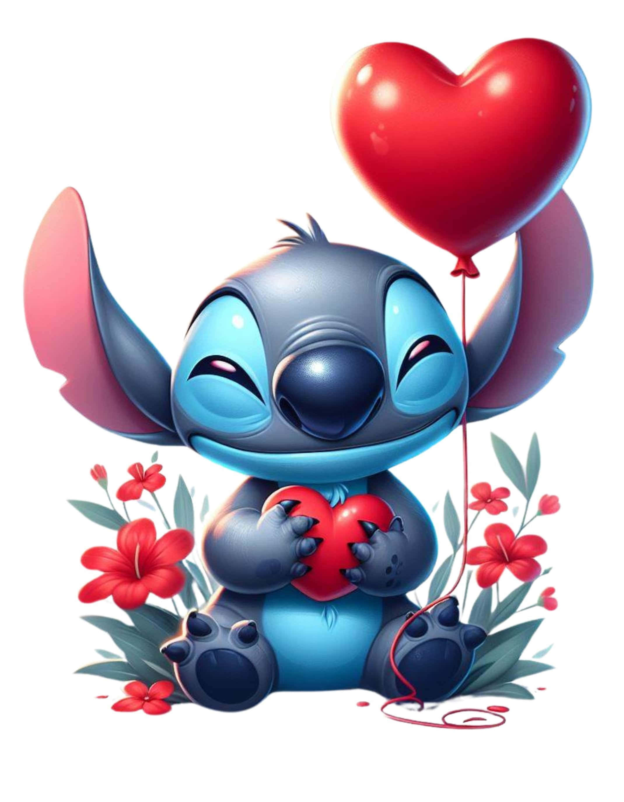Stitch, red heart, red heart balloon, 2K Phone Wallpaper