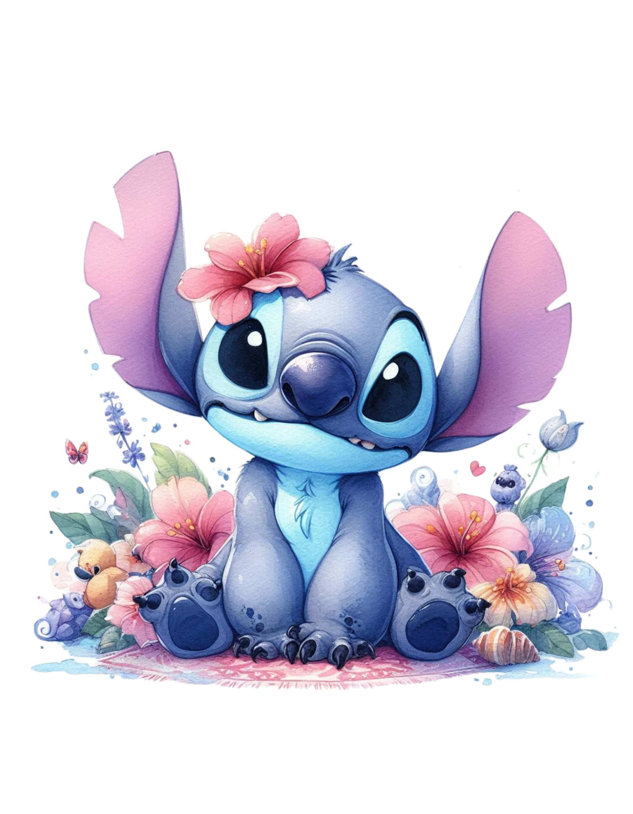Stitch, Valentines Day, floral artwork, 2K Phone Wallpaper