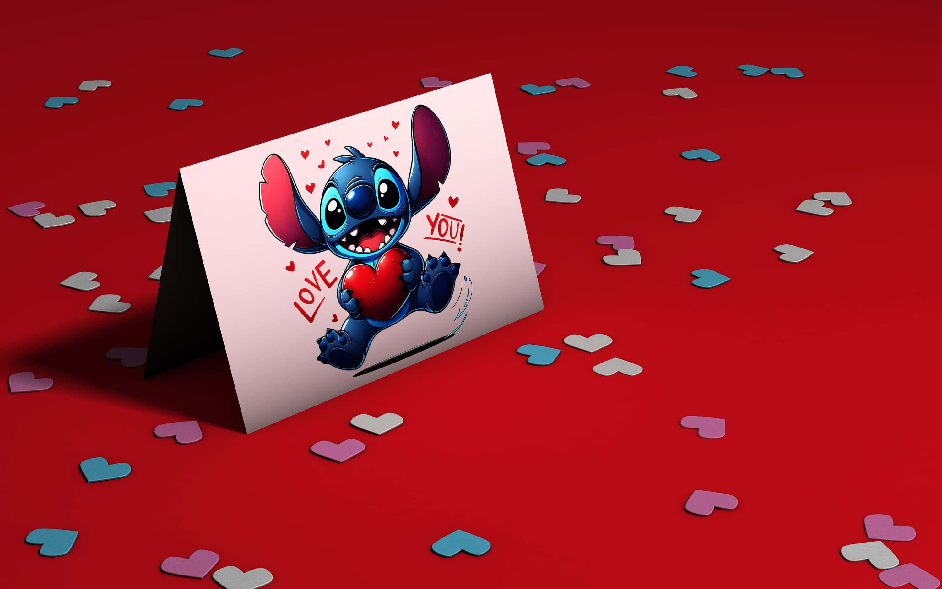 Stitch, Valentine's card, red heart, 2K Desktop Wallpaper