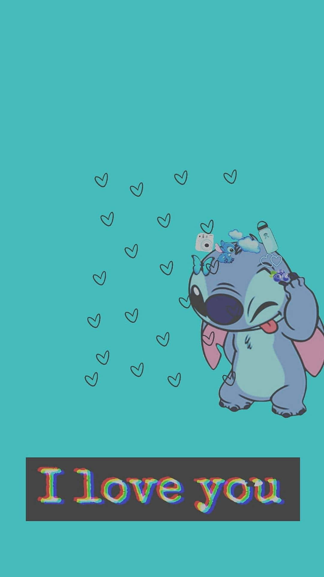 Stitch, pink wings, rainbow text box, Full HD Phone Wallpaper