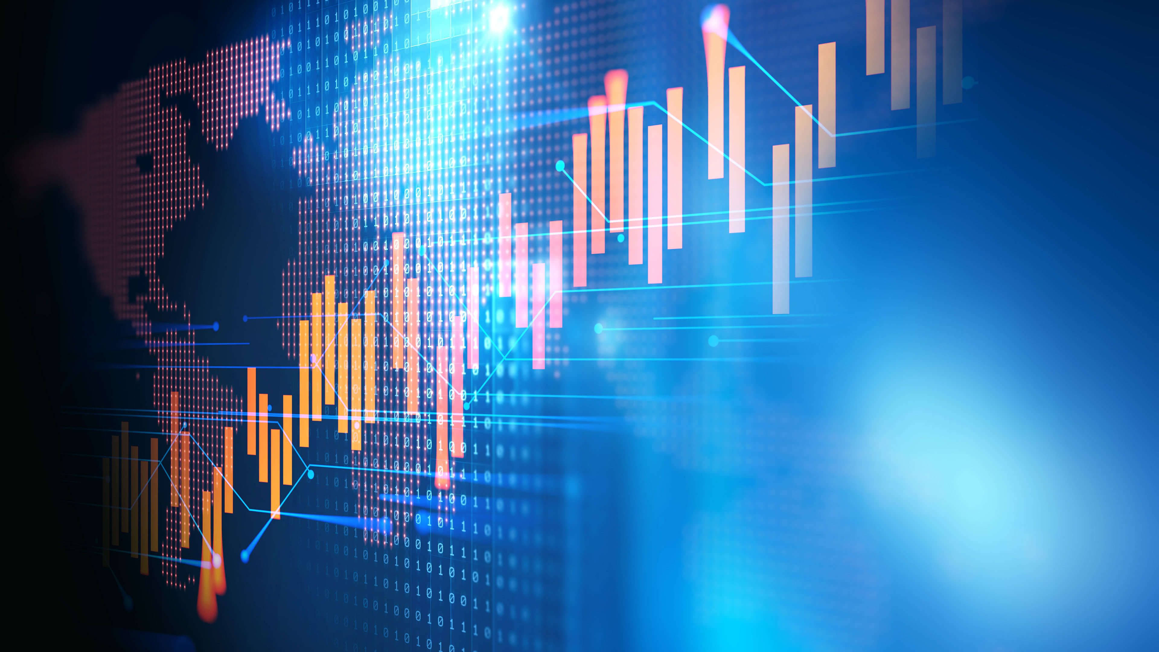 Stock Market, pixelated world map, glowing orange and pink bars, 4K Desktop Wallpaper