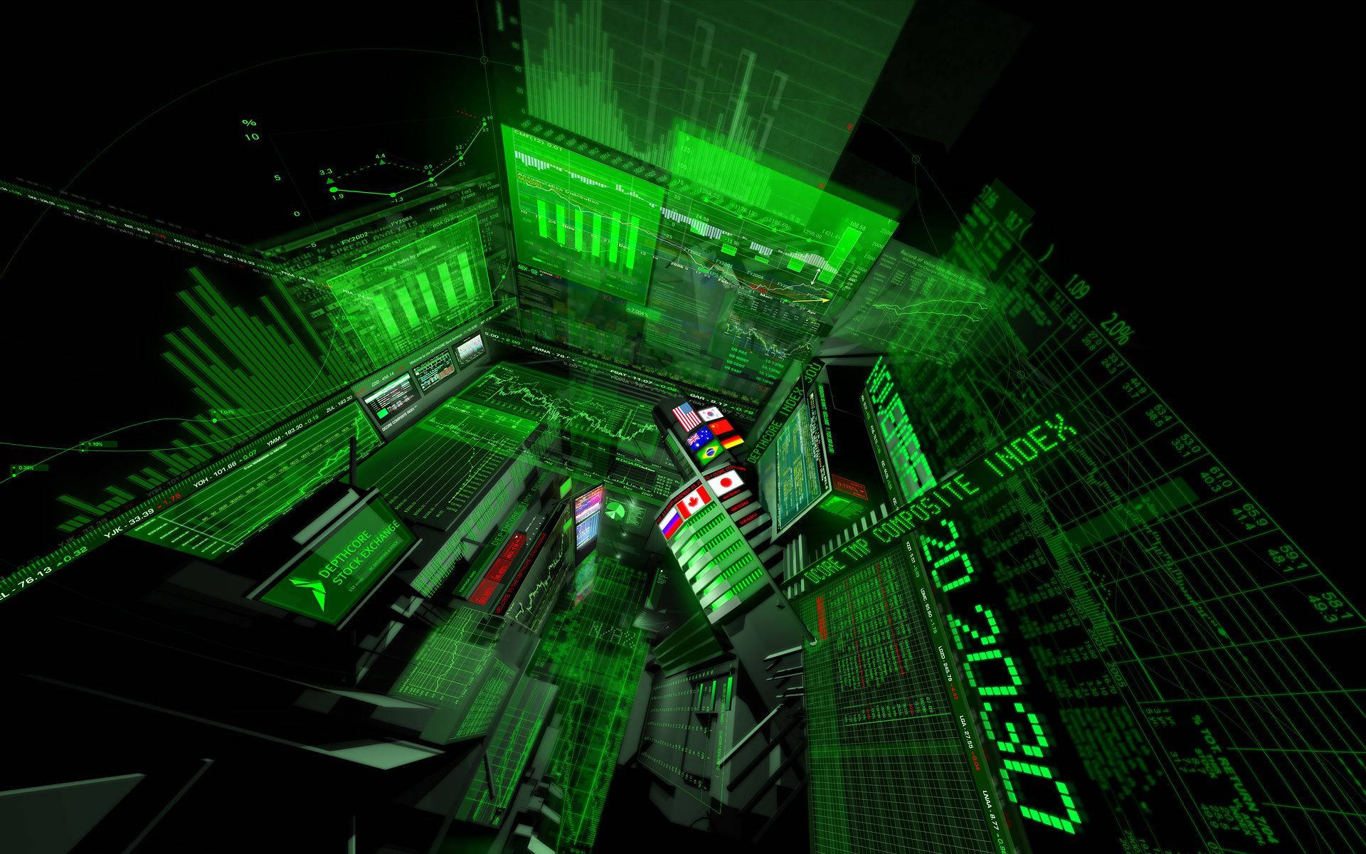Stock Market, monochromatic green, glowing green data streams, Full HD Desktop Wallpaper