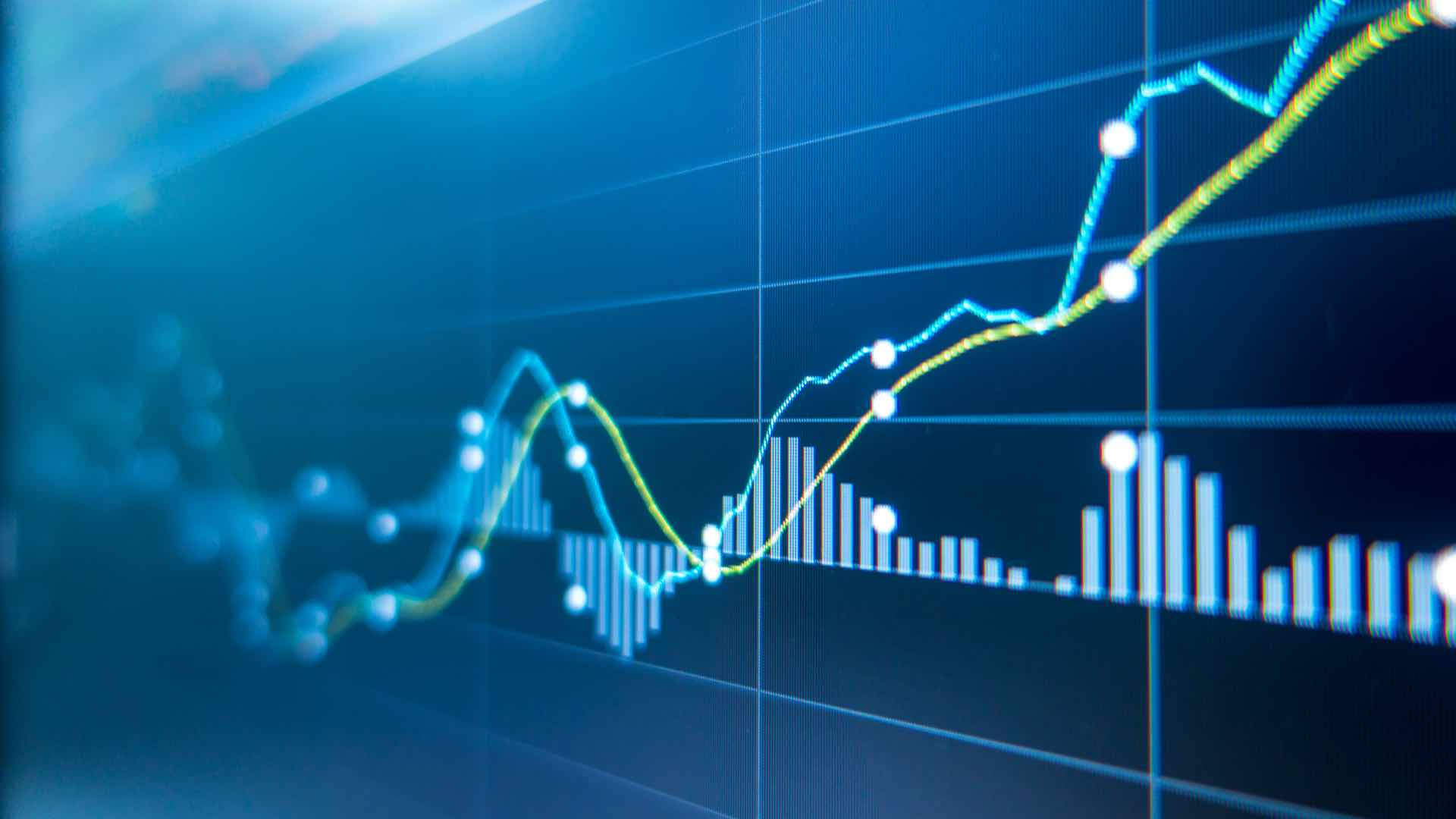Stock Market, blue gridlines, glowing blue and yellow line graph, Full HD Desktop Wallpaper