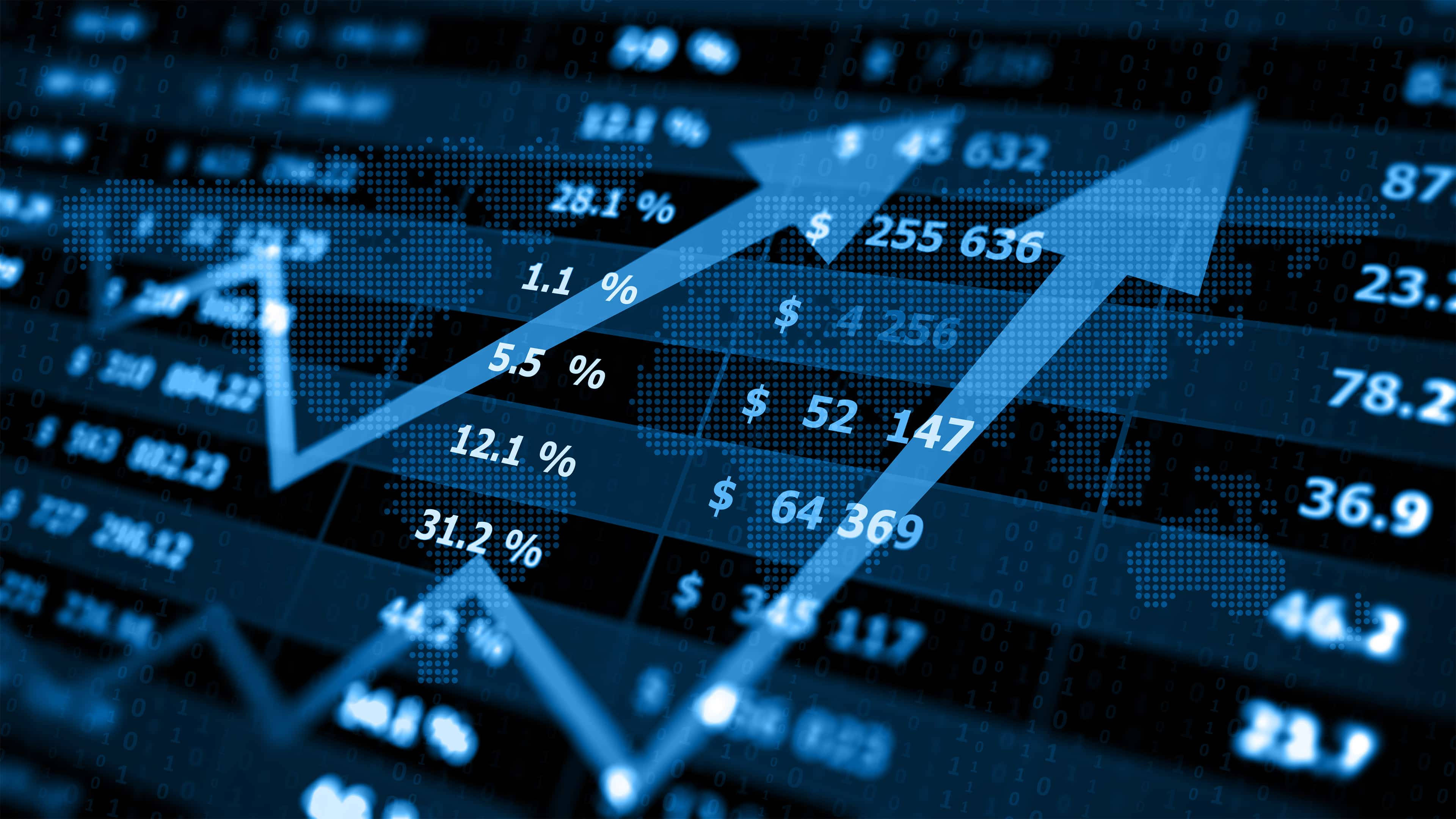 glowing blue upward arrow, financial data, stock percentages, 4K Desktop Wallpaper