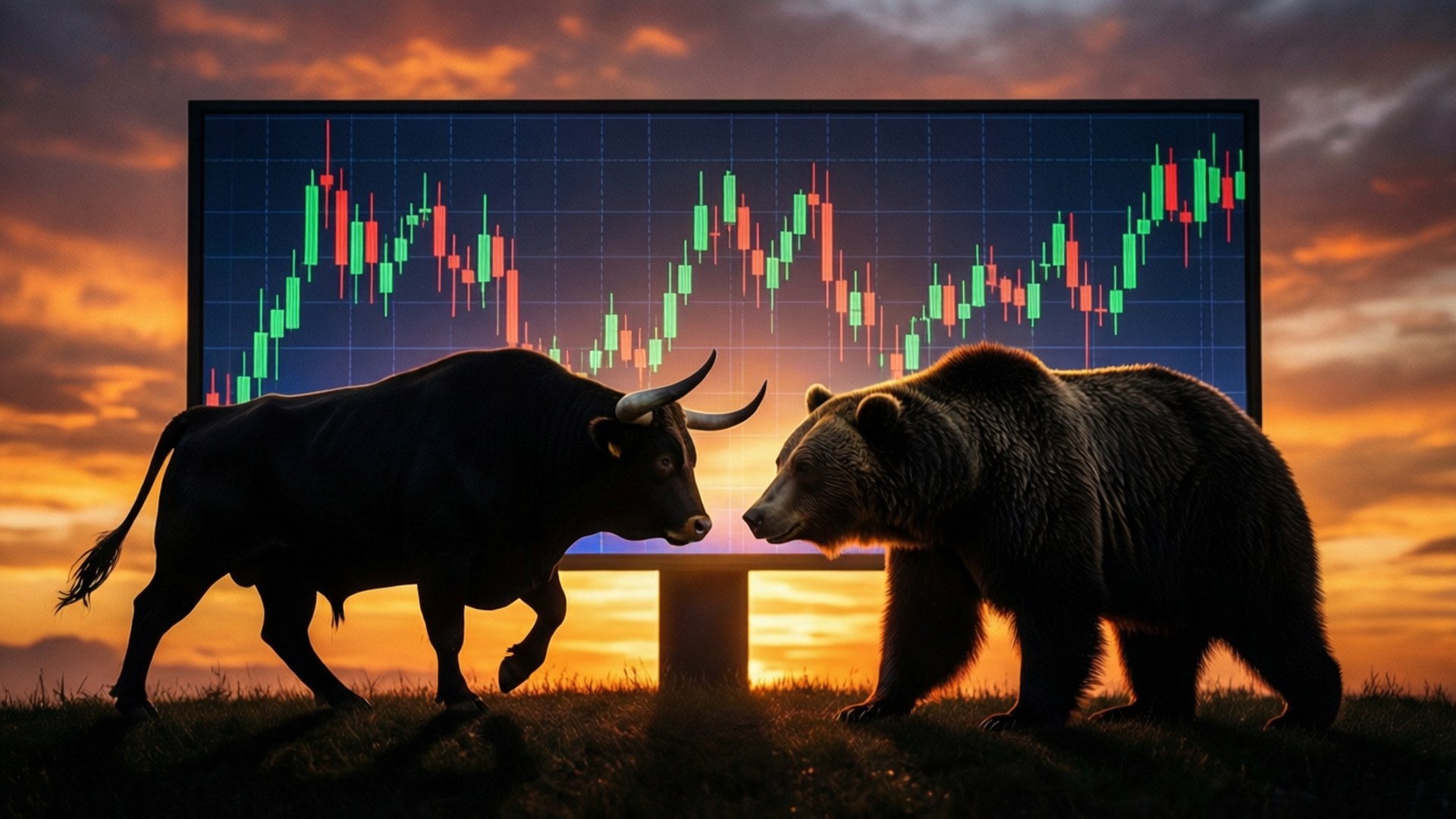 Bull vs Bear Sunset, black bull, brown bear, Full HD Desktop Wallpaper