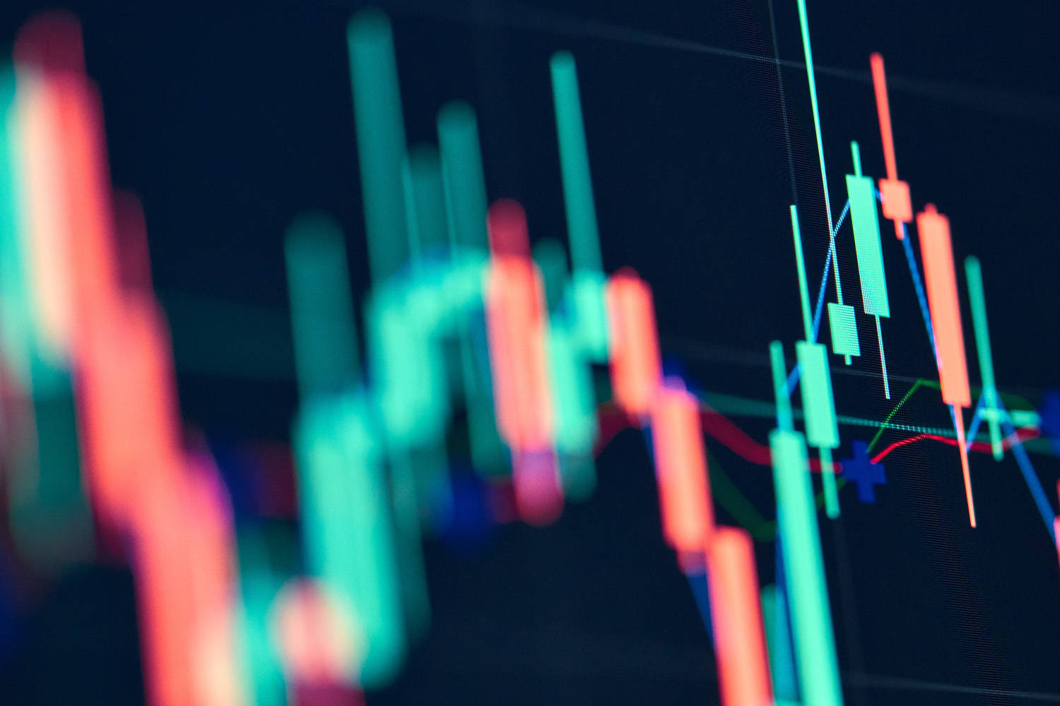 candlestick chart, red and teal, dark background, HD Desktop Wallpaper