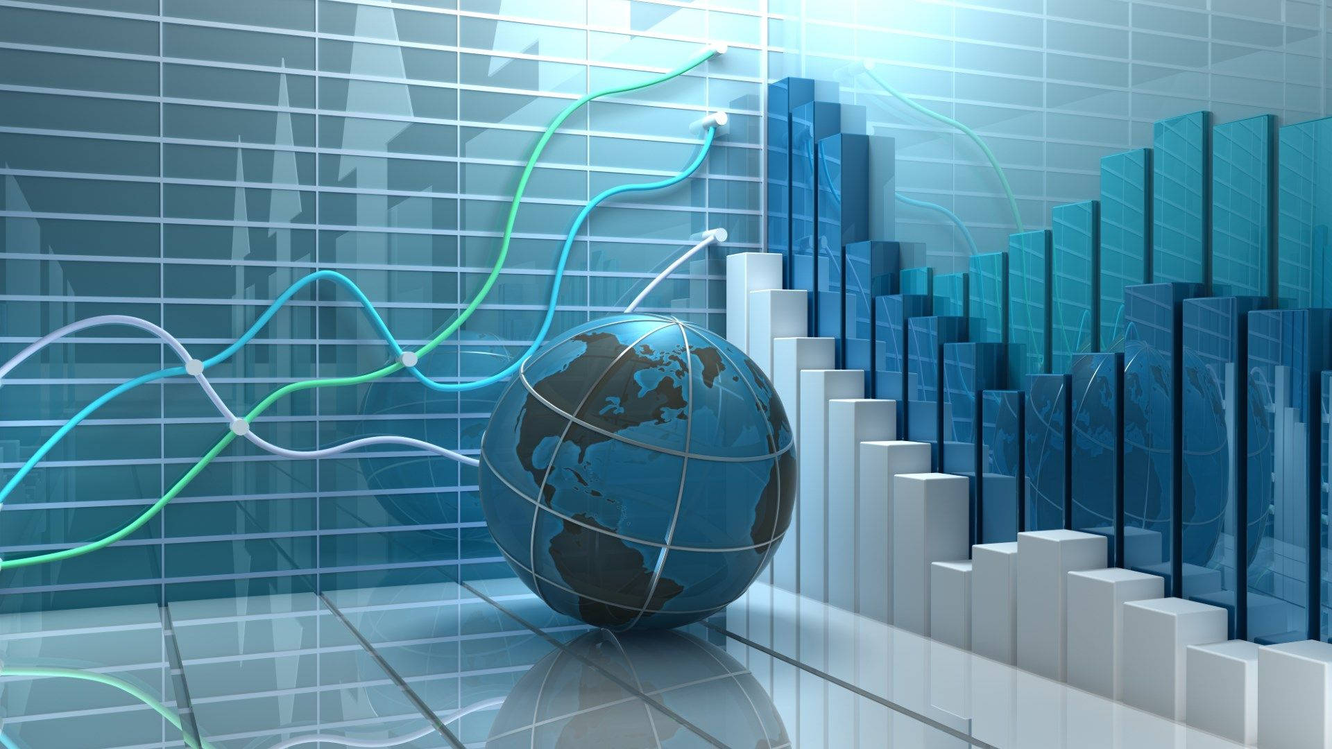 glossy blue globe, rising bar charts, glowing trend lines, Full HD Desktop Wallpaper