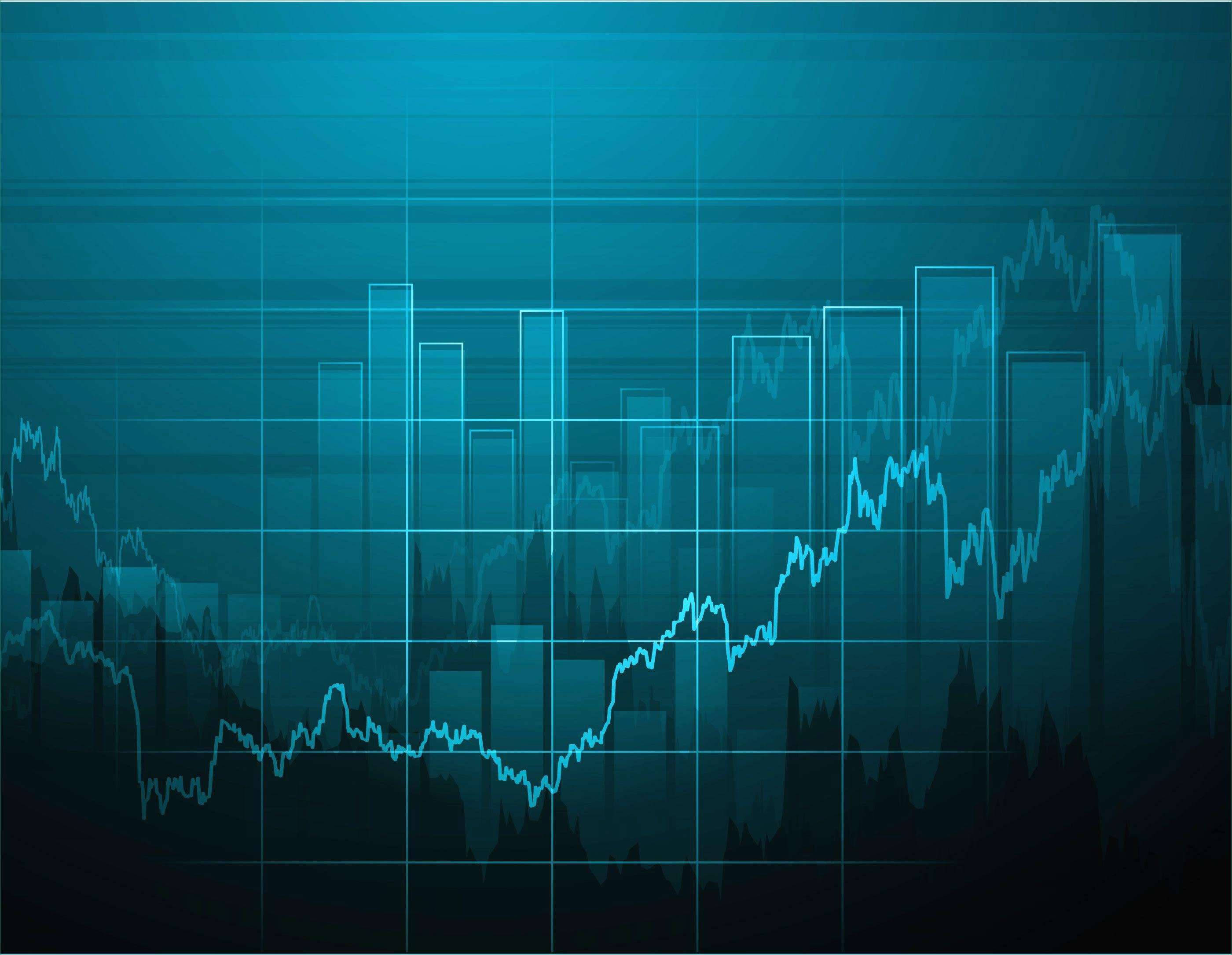 glowing blue digital graph, city skyline silhouette, gradient teal background, 2K Desktop Wallpaper