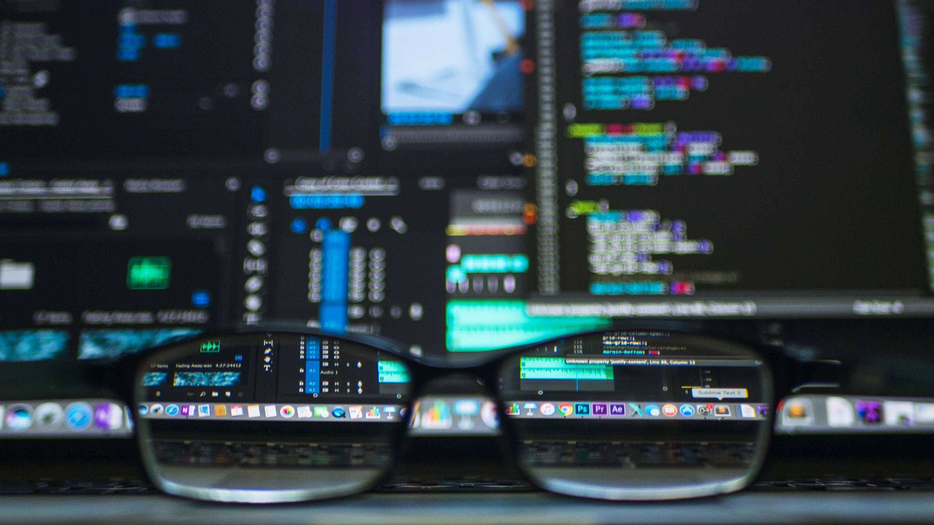 glasses, desk, colorful code, 4K Desktop Wallpaper