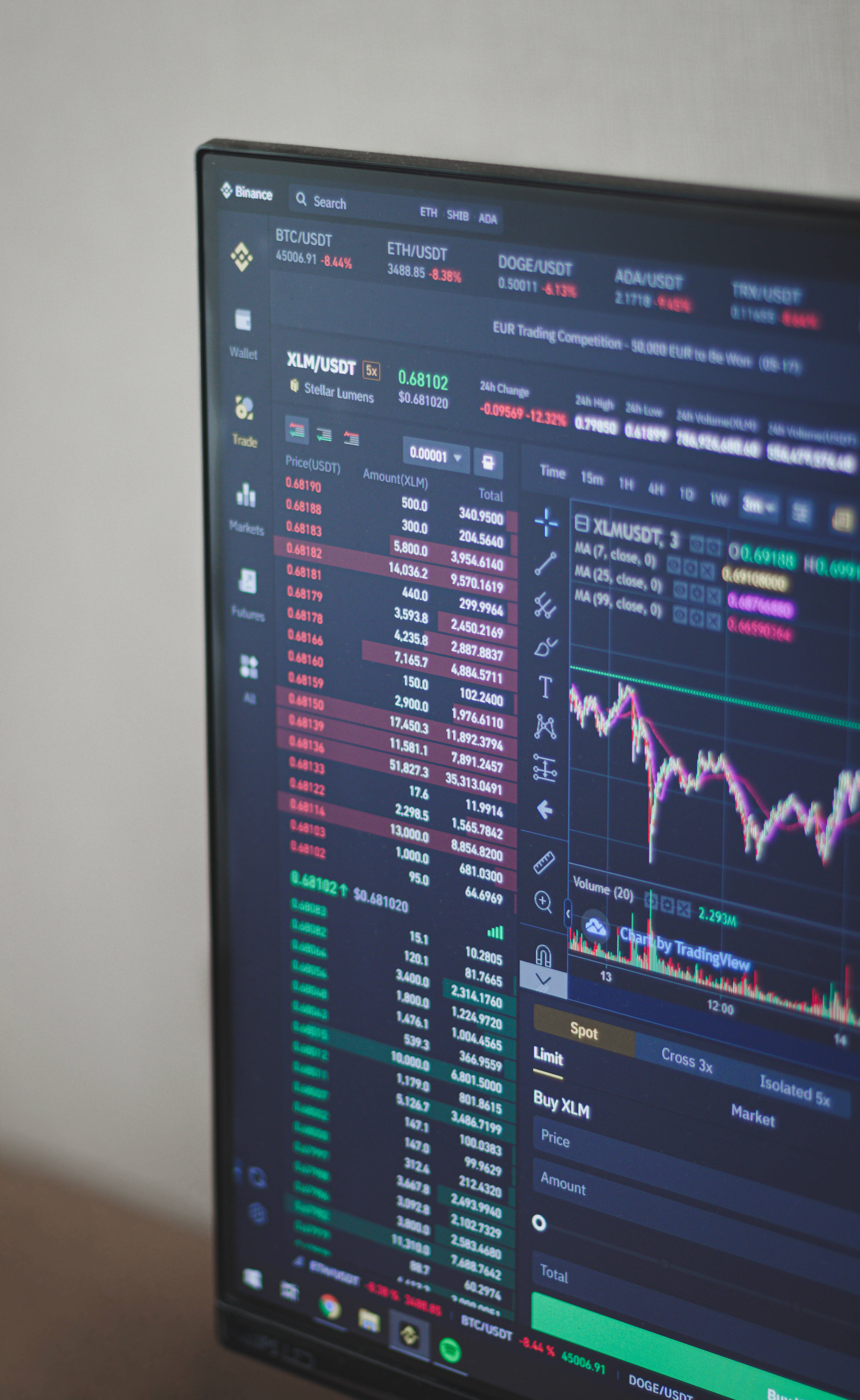cryptocurrency trading dashboard, computer monitor, colorful charts, 5K Phone Wallpaper