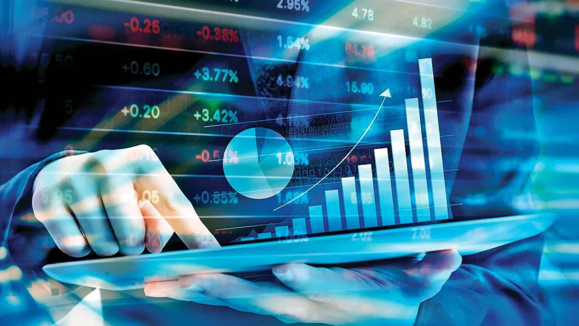 glowing digital tablet, financial charts, stock market data, Full HD Desktop Wallpaper