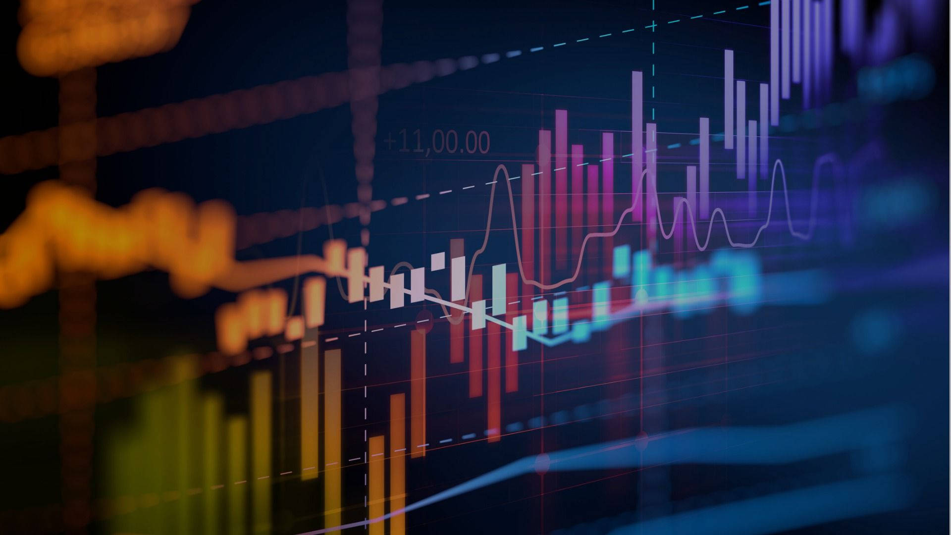 Stock Market, rainbow coloured lines, neon hues, Full HD Desktop Wallpaper