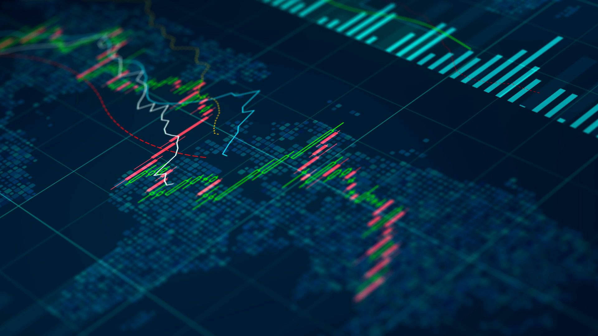Stock Market, red and green candlesticks, world map grid, Full HD Desktop Wallpaper