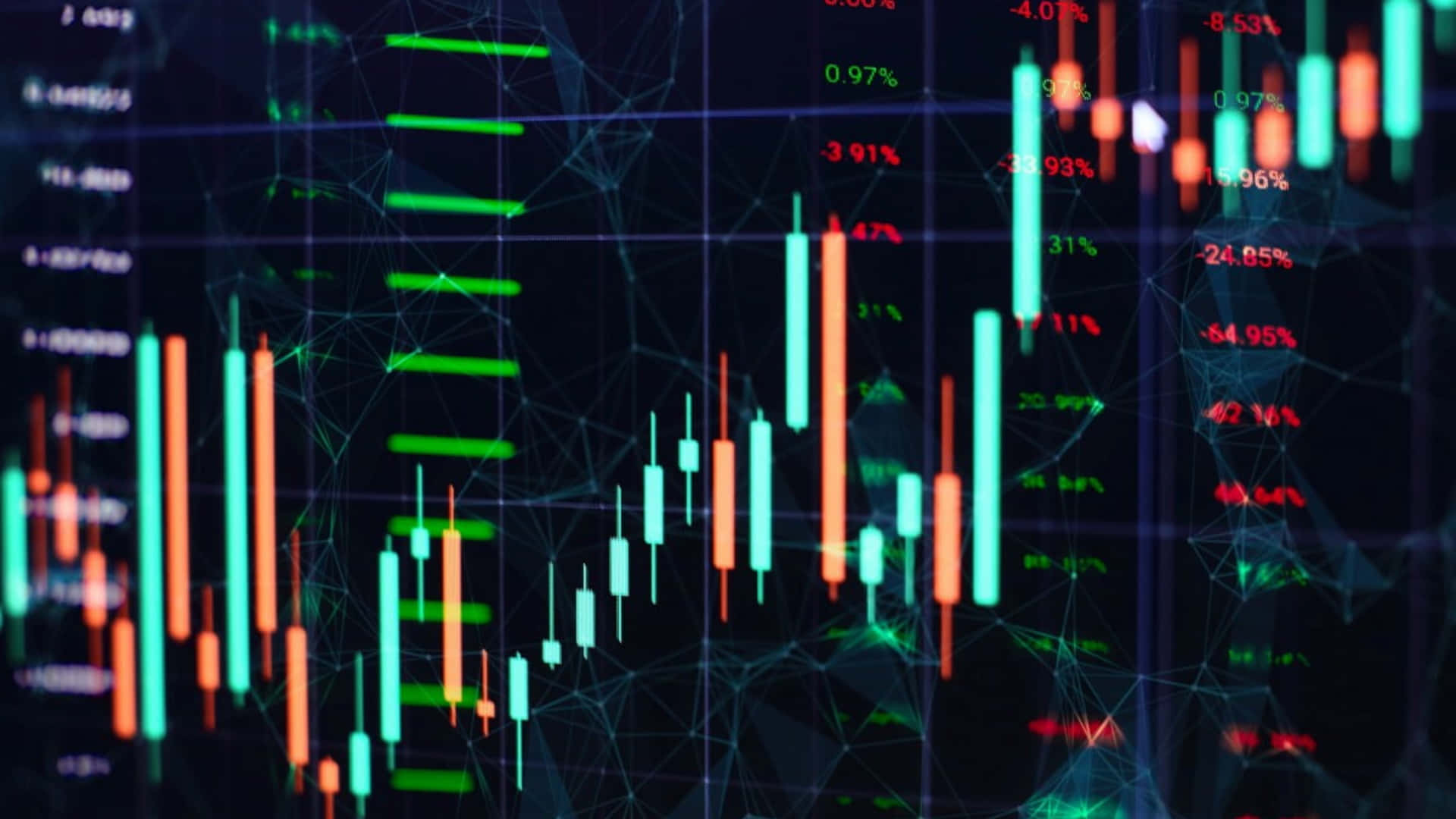 Volatility, Stock Market Data, Glowing Green Candlesticks, Full HD Desktop Wallpaper