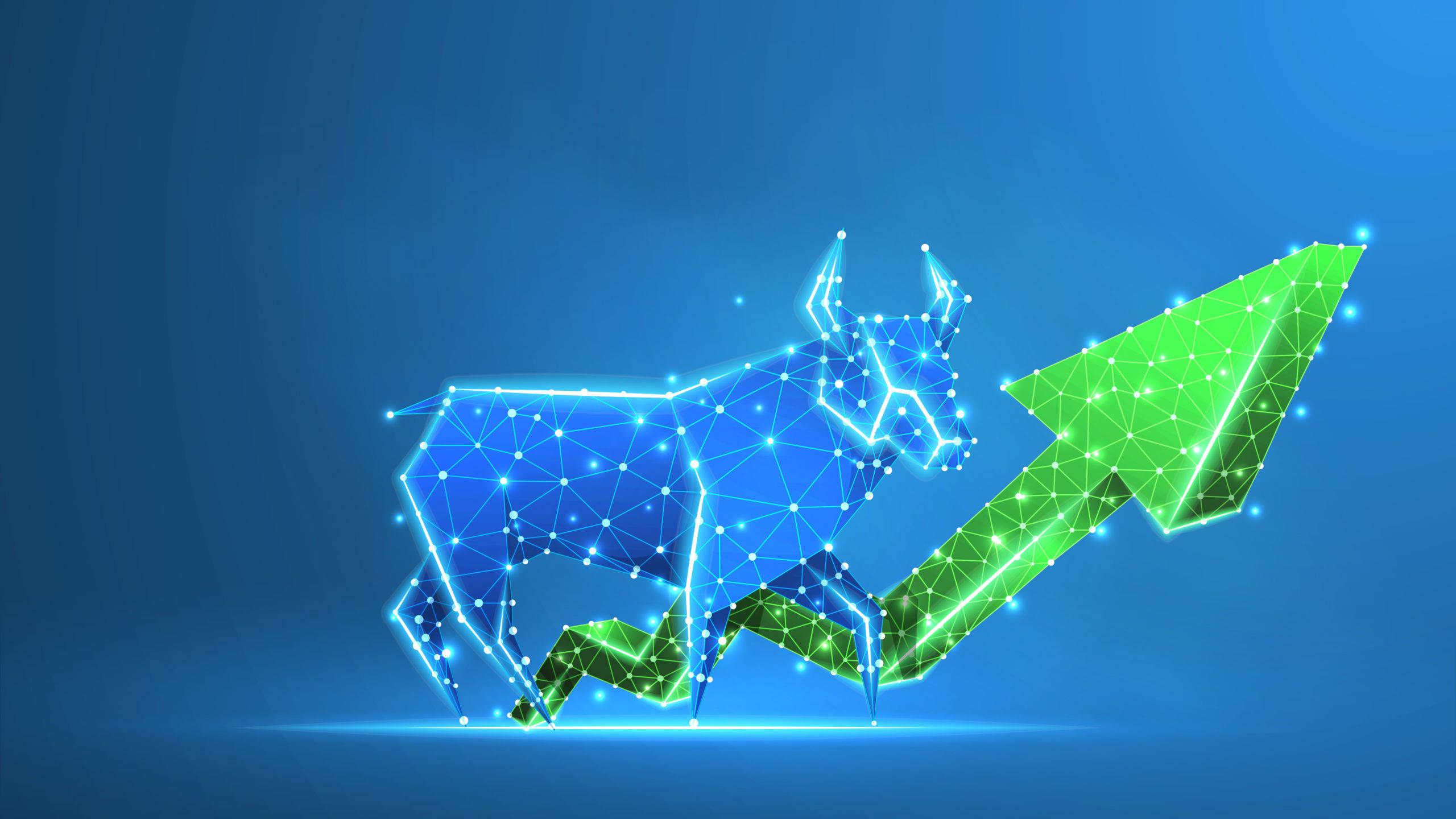 glowing blue polygonal bull, green upward arrow, deep blue gradient background, 2K Desktop Wallpaper