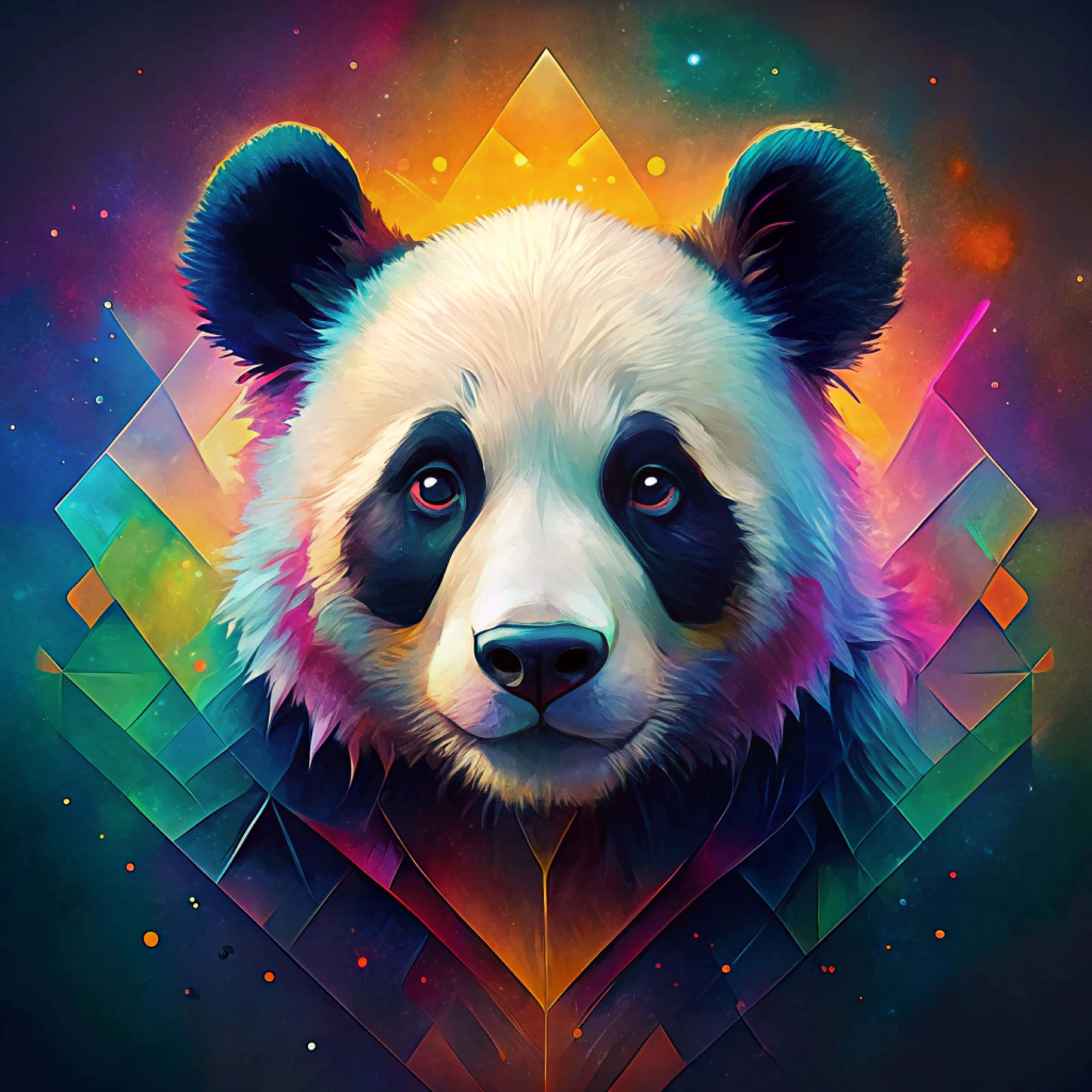 panda, glowing eyes, colorful geometric shapes, 8K Desktop Wallpaper