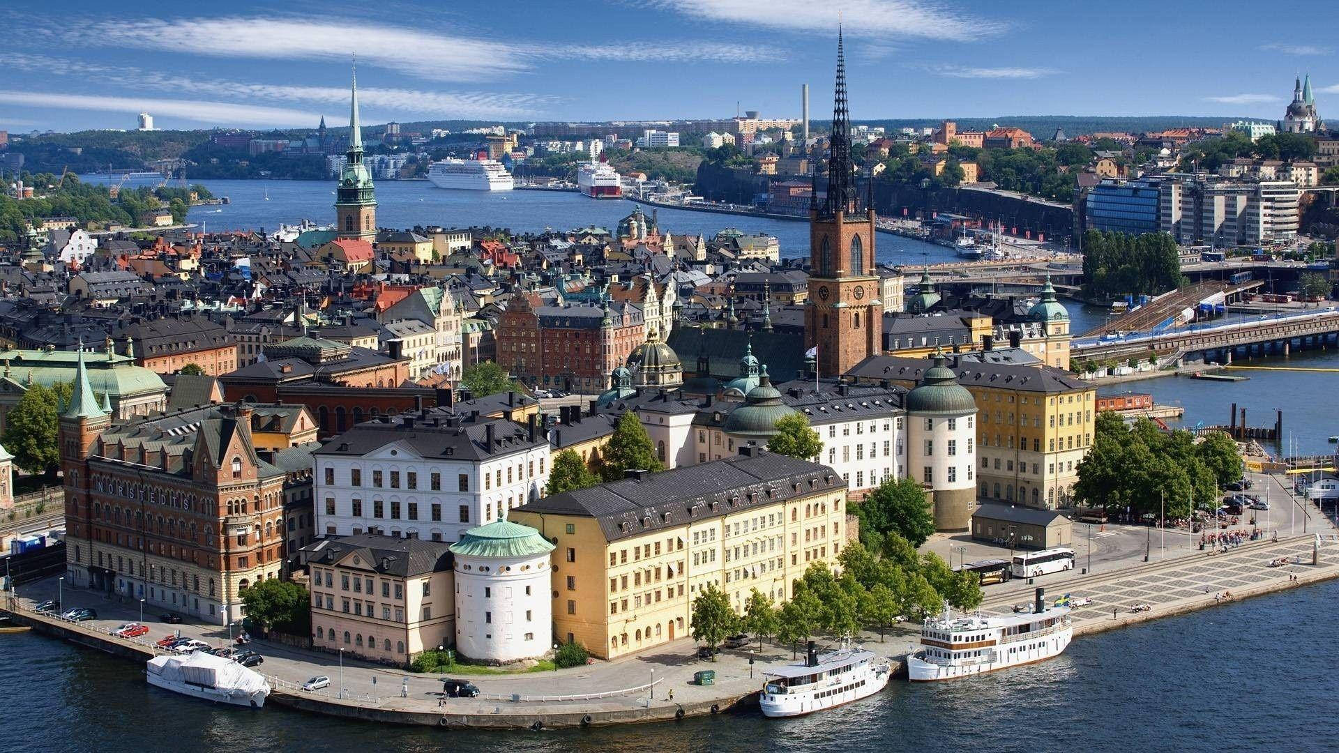Stockholm, historic district, red rooftops, Full HD Desktop Wallpaper