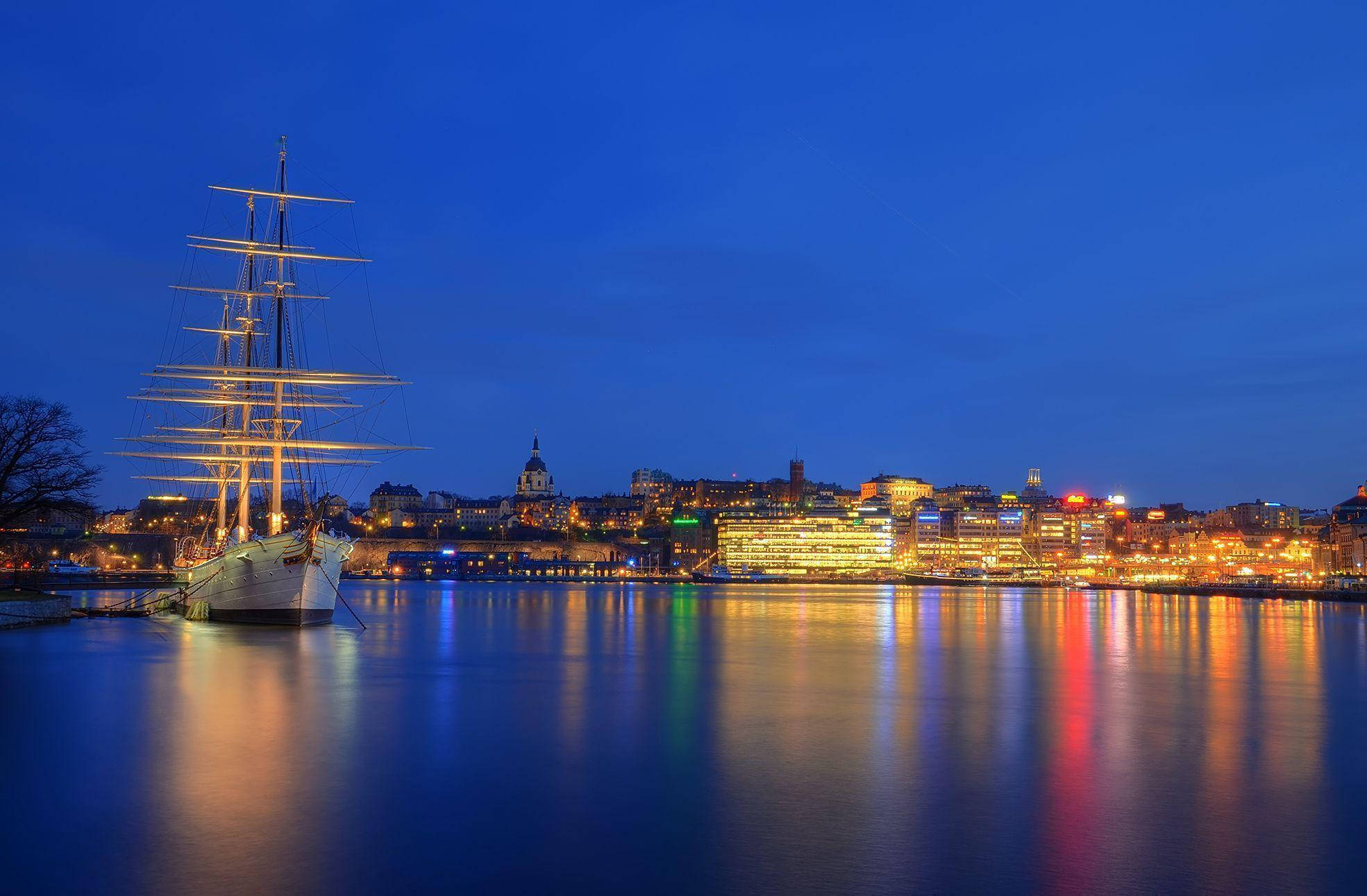 Stockholm, tall ship, twilight sky, Full HD Desktop Wallpaper