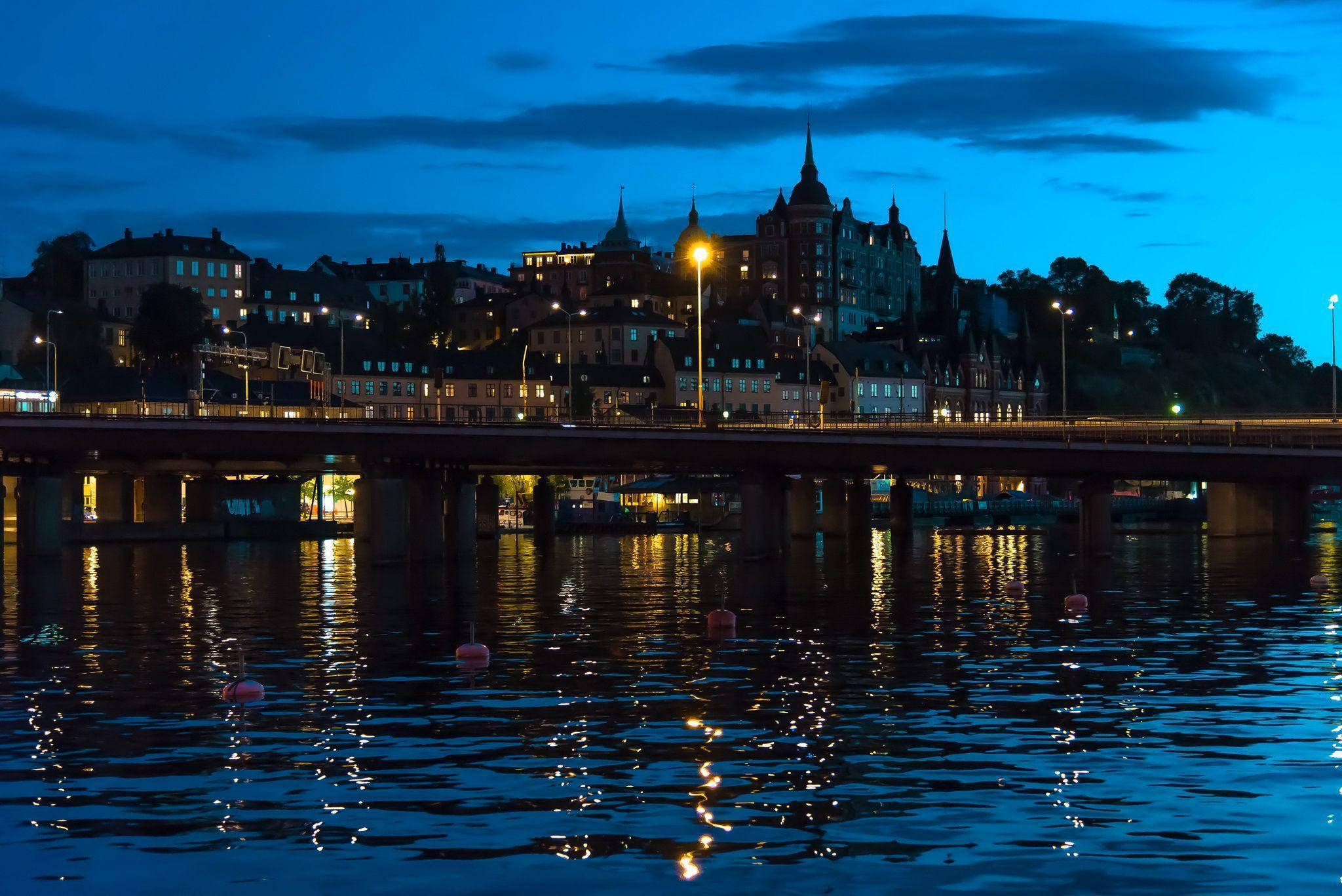 Stockholm, city skyline, night, Full HD Desktop Wallpaper