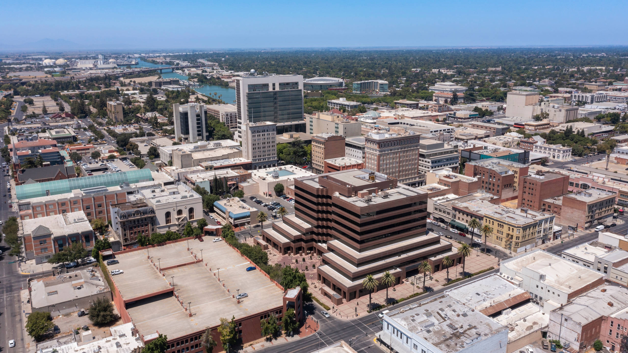 Stockton, palm trees, distant river, 2K Desktop Wallpaper