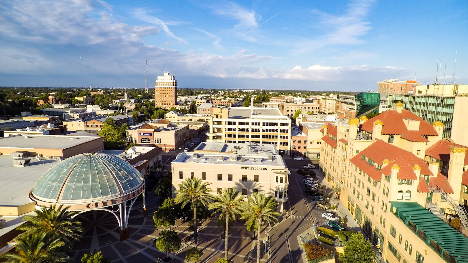 Stockton, glass-domed structure, palm trees, Full HD Desktop Wallpaper
