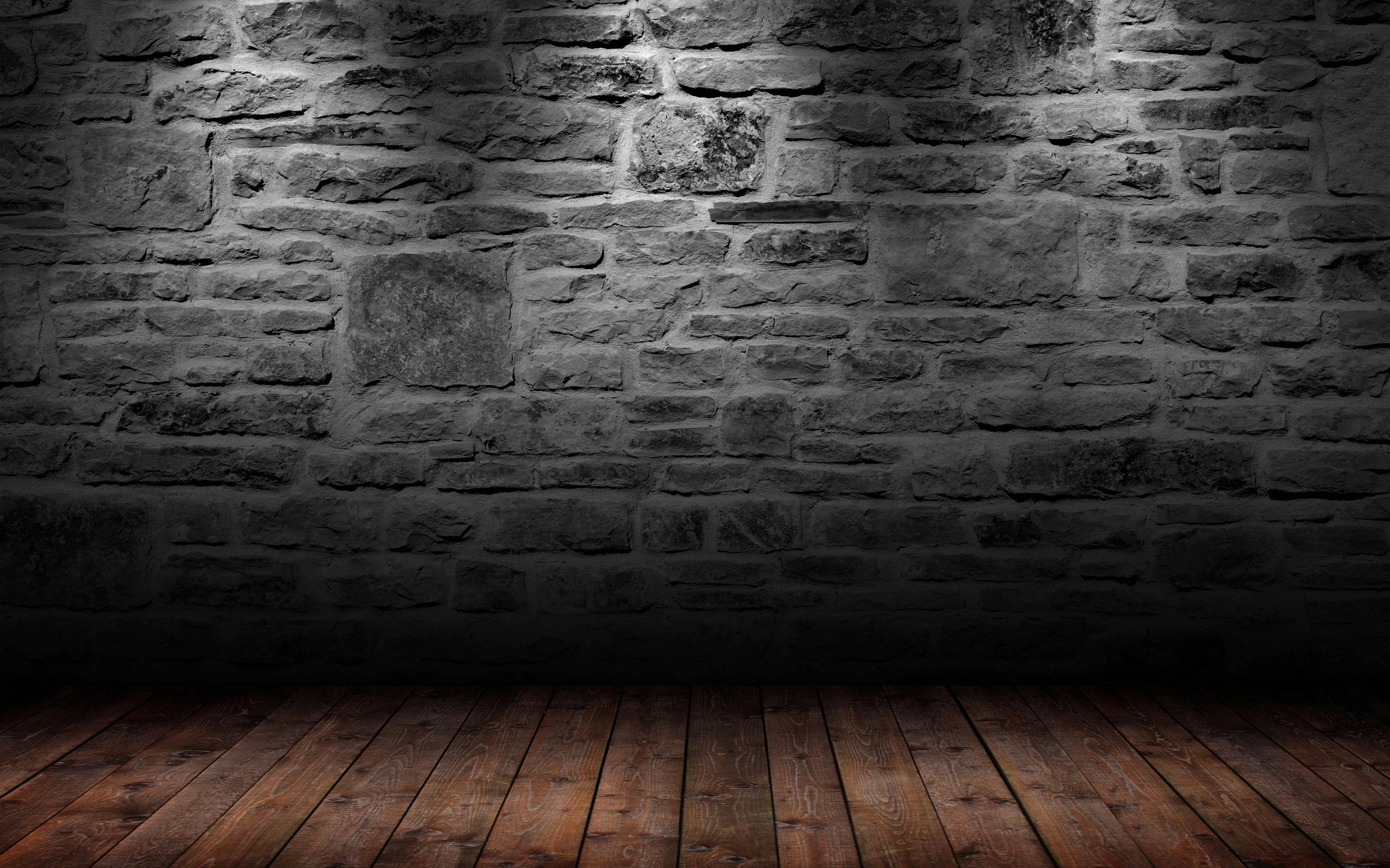 stone wall, wooden floor, dimly lit room, 4K Desktop Wallpaper