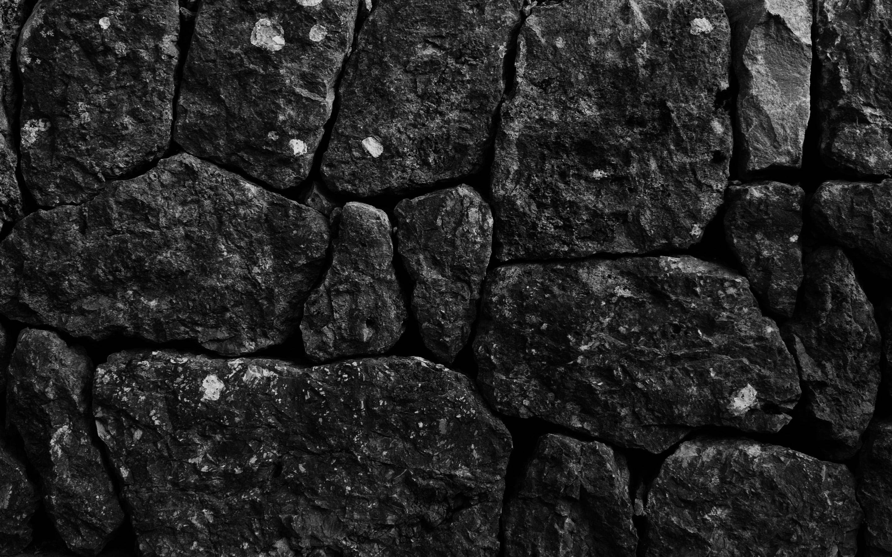 Black Stone Wall, monochrome, rough textured stones, 2K Desktop Wallpaper