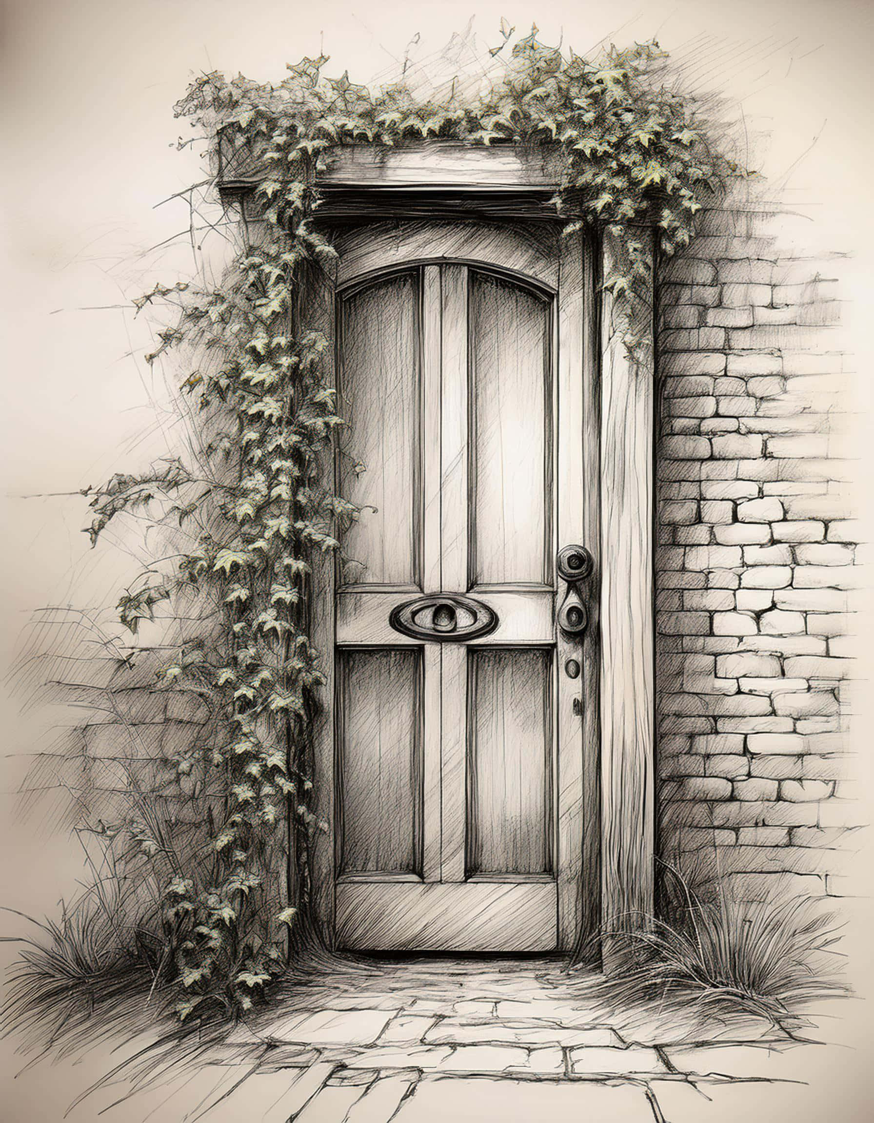 arched wooden door, ivy, stone wall, Full HD Phone Wallpaper