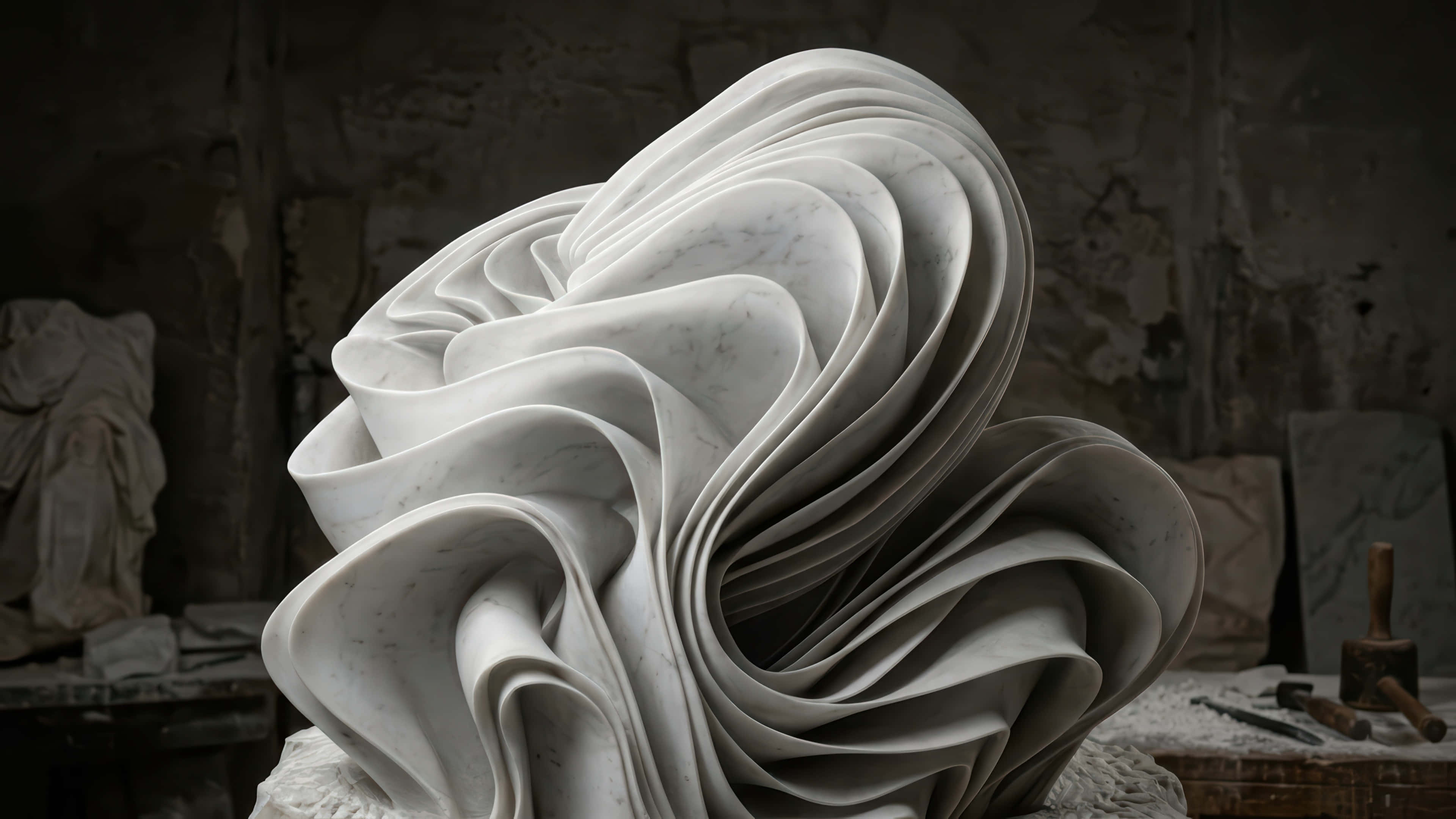 Bloom sculpture, marble sculpture, stone workshop, 4K Desktop Wallpaper