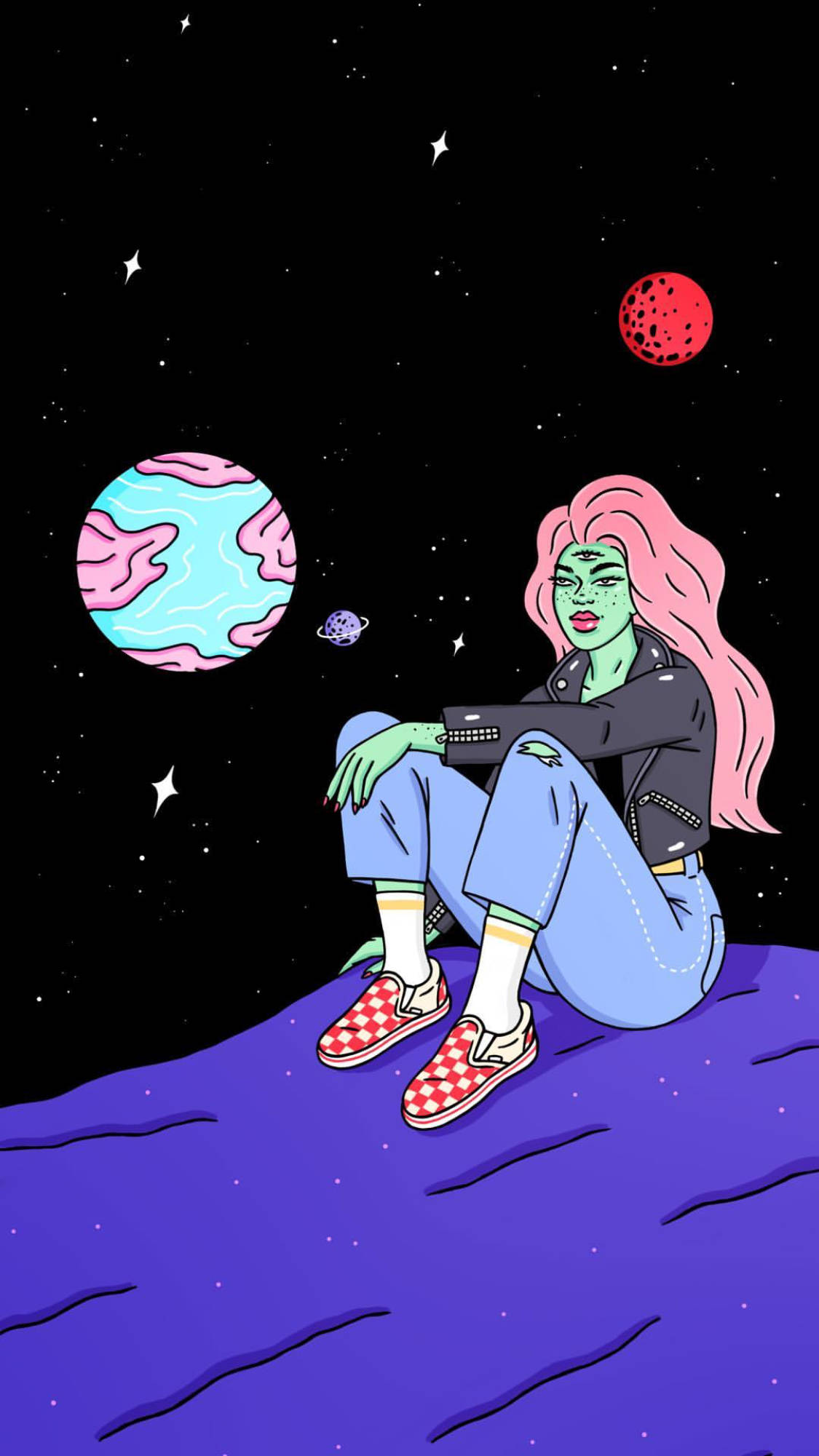 Stoned Cartoon, green-skinned woman, pink hair, Full HD Phone Wallpaper