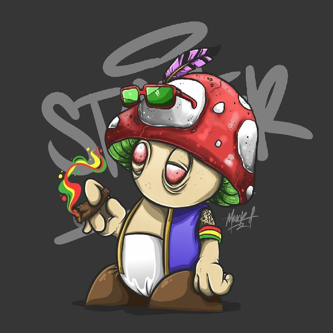 Stoned Cartoon, cartoon mushroom character, green sunglasses, SD Desktop Wallpaper