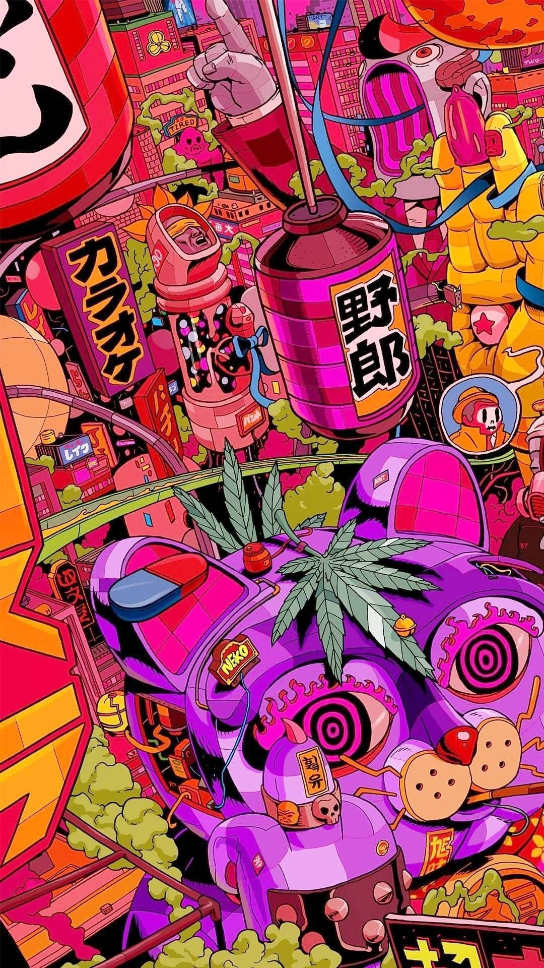 Stoned Cartoon, neon-drenched, anime cityscape, Full HD Phone Wallpaper