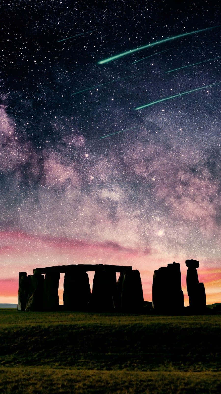 Stonehenge, starry sky, green meteor trails, HD Phone Wallpaper