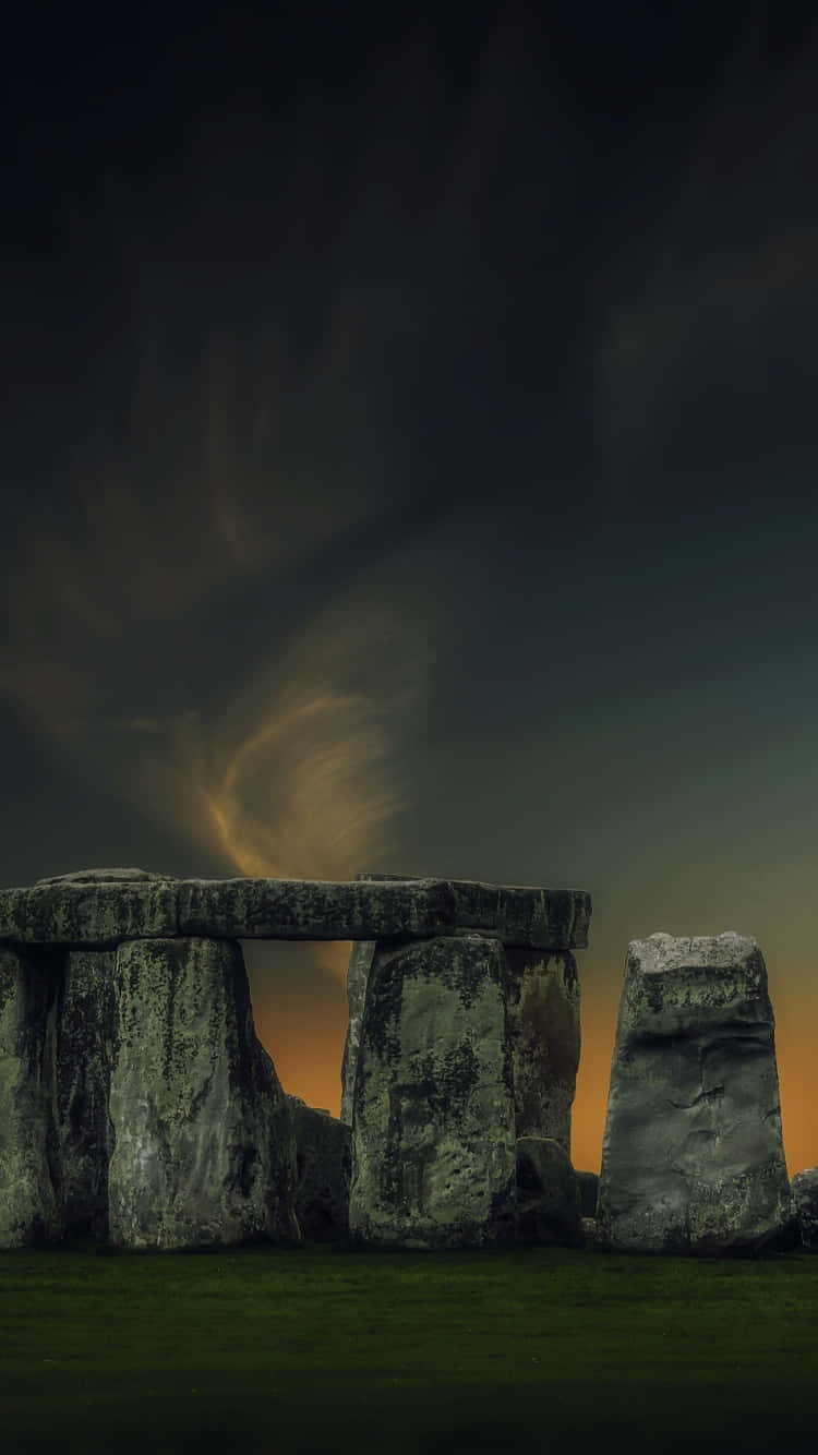 Stonehenge, twilight sky, swirling amber clouds, HD Phone Wallpaper