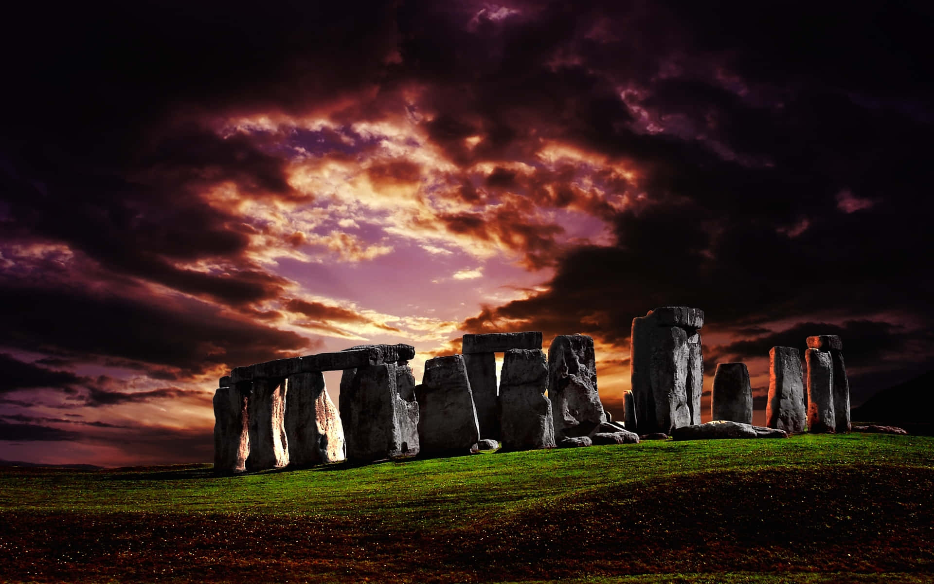 Stonehenge, purple and orange sunset sky, ancient stone circle, Full HD Desktop Wallpaper