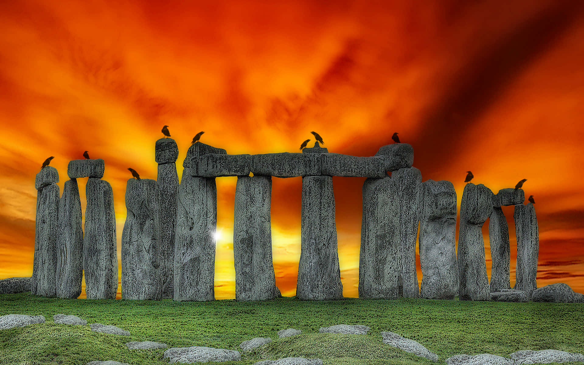 Stonehenge, fiery orange sunset sky, ancient standing stones, Full HD Desktop Wallpaper