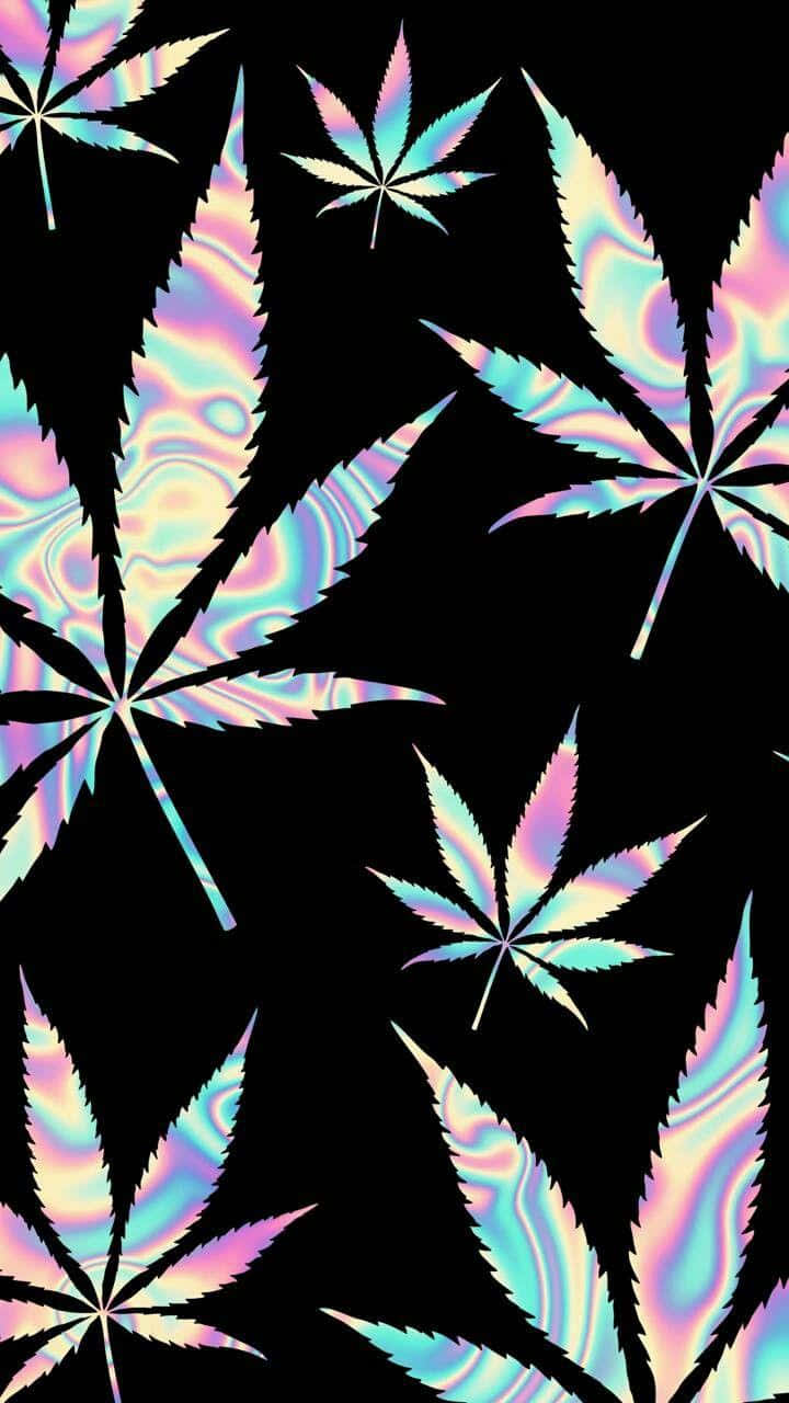 Cute Stoner iPhone Theme, holographic cannabis leaves, iridescent rainbow hues, HD Phone Wallpaper