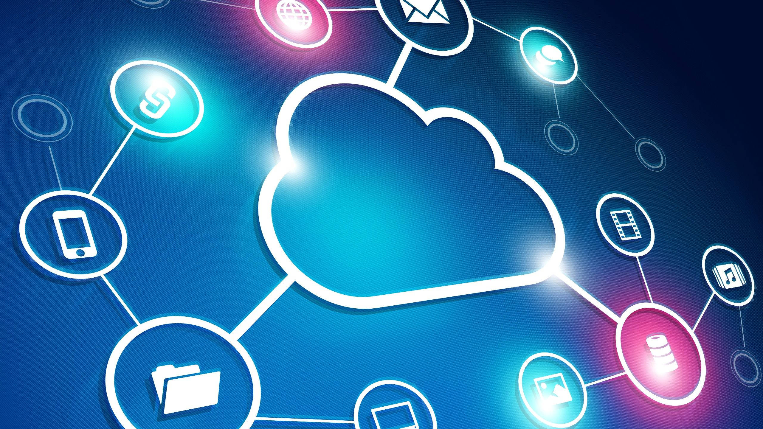 glowing blue cloud icon, digital device and file symbols, dark blue gradient background, 2K Desktop Wallpaper