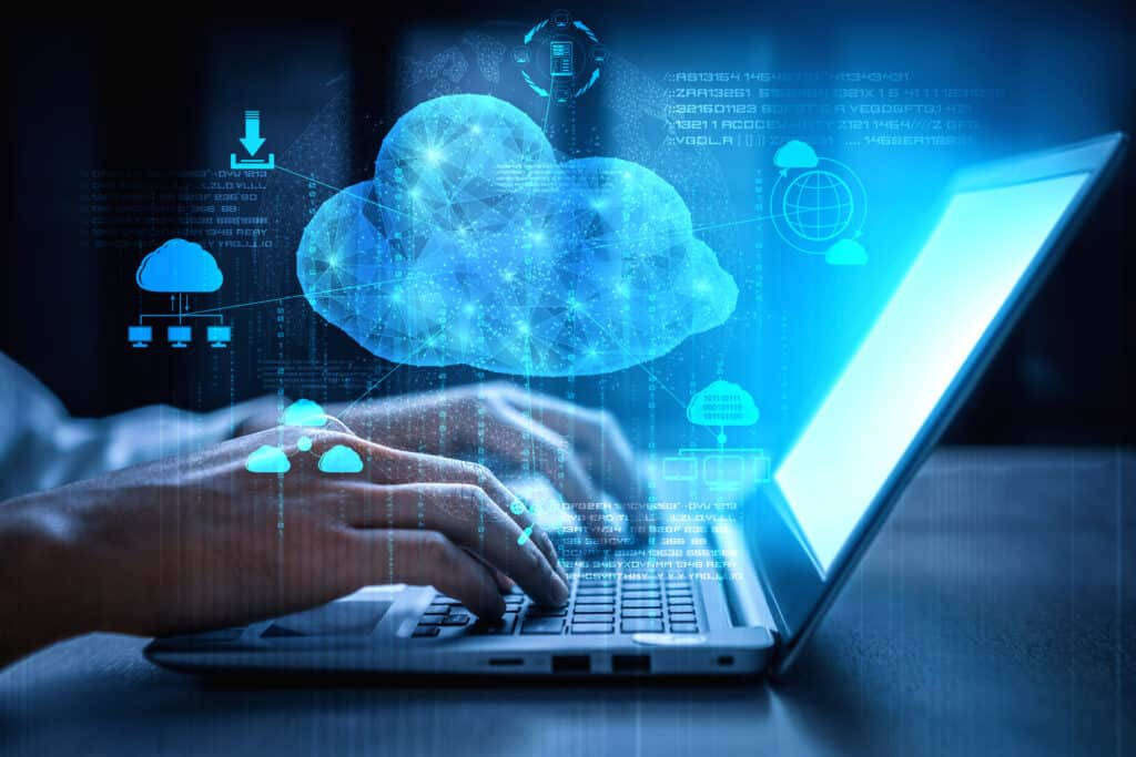 Storage Cloud, laptop, glowing blue digital clouds, SD Desktop Wallpaper