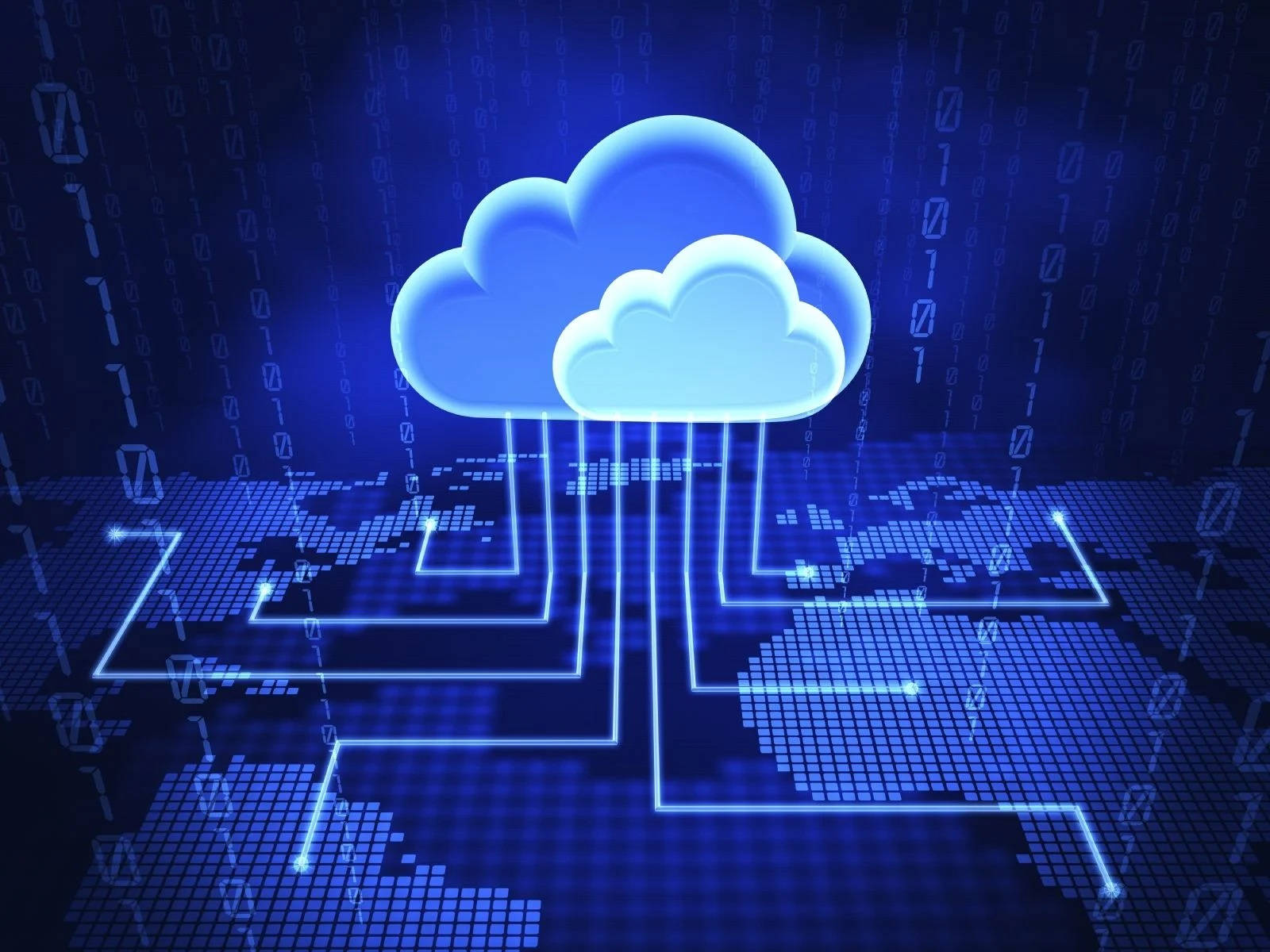 glowing blue cloud icon, digital world map, binary code, HD Desktop Wallpaper