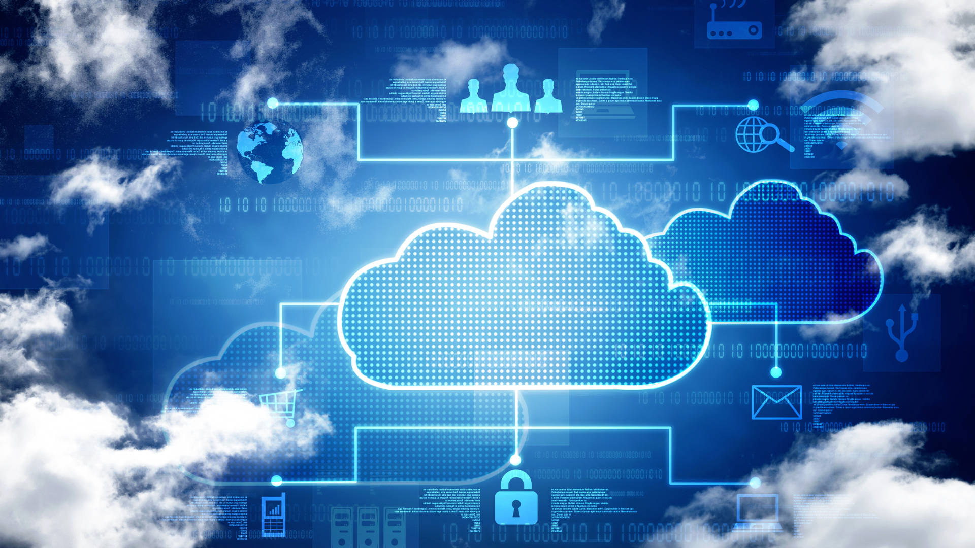 cloud storage platform, real clouds, glowing blue digital cloud network, Full HD Desktop Wallpaper