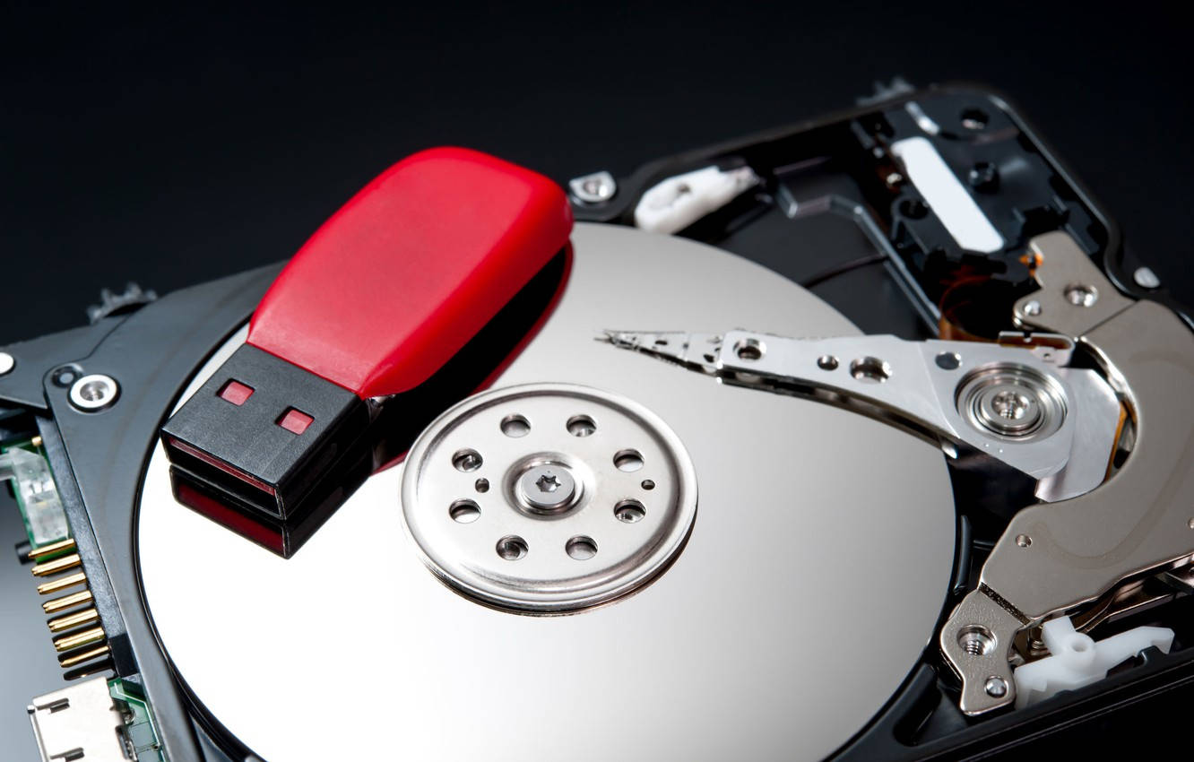 red USB drive, open hard drive, spinning platter, HD Desktop Wallpaper